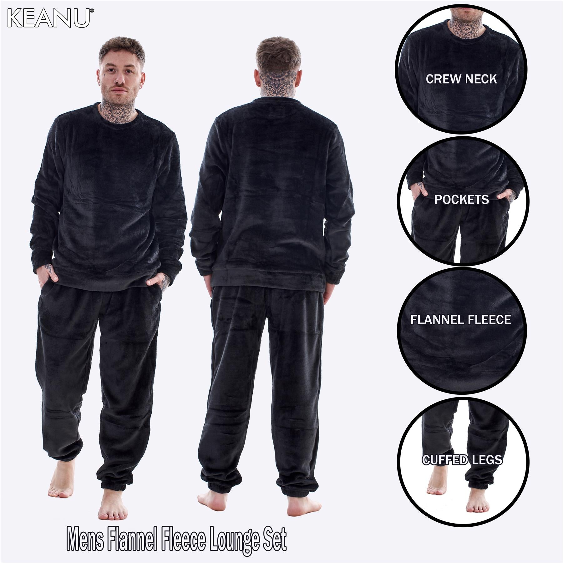 Mens Luxury Flannel Fleece Crew Neck Twosies Pyjamas Lounge Set Soft Warm Gift