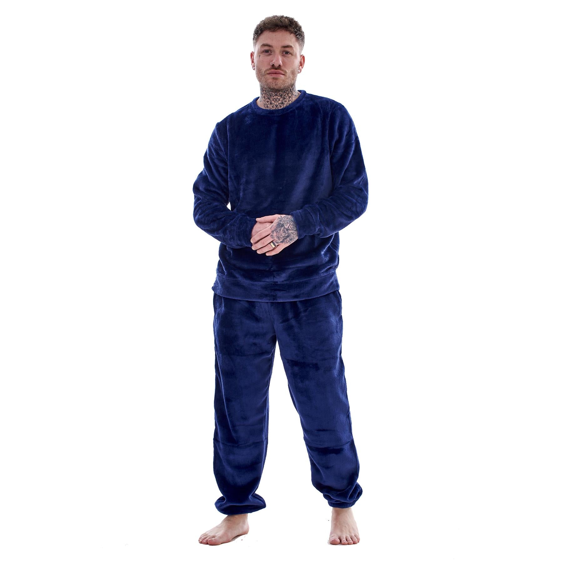 Mens Luxury Flannel Fleece Crew Neck Twosies Pyjamas Lounge Set Soft Warm Gift