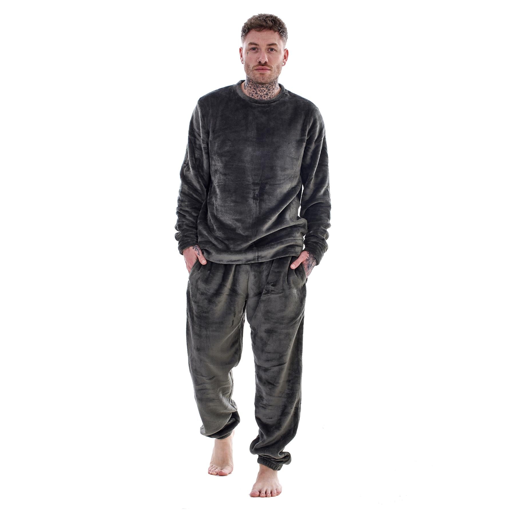 Mens Luxury Flannel Fleece Crew Neck Twosies Pyjamas Lounge Set Soft Warm Gift