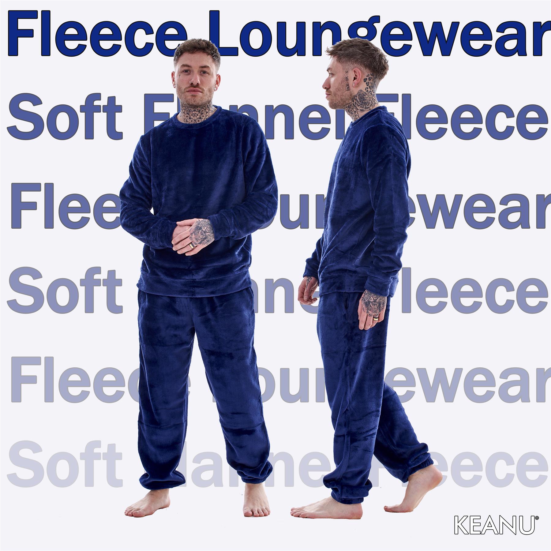 Mens Luxury Flannel Fleece Crew Neck Twosies Pyjamas Lounge Set Soft Warm Gift