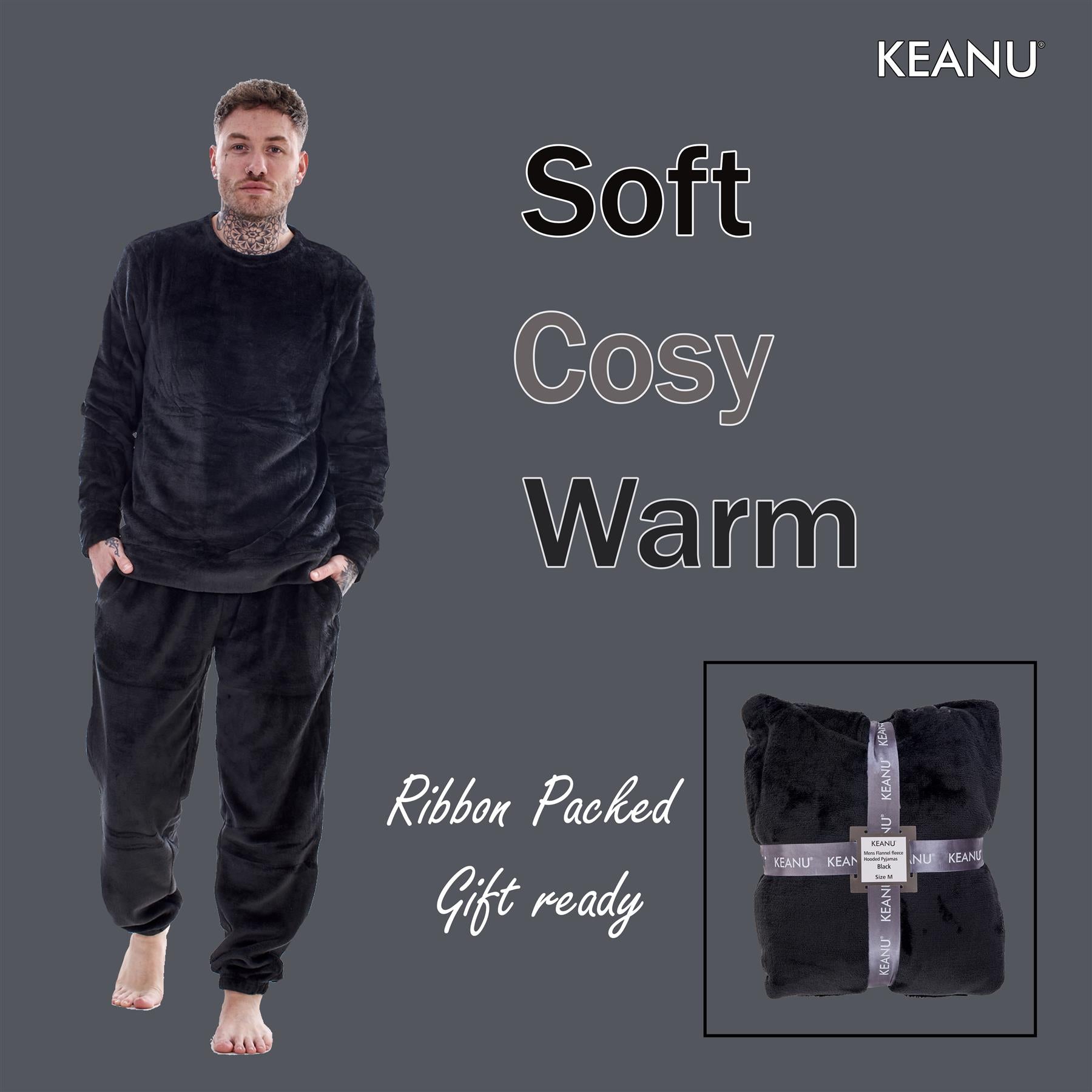 Mens Luxury Flannel Fleece Crew Neck Twosies Pyjamas Lounge Set Soft Warm Gift