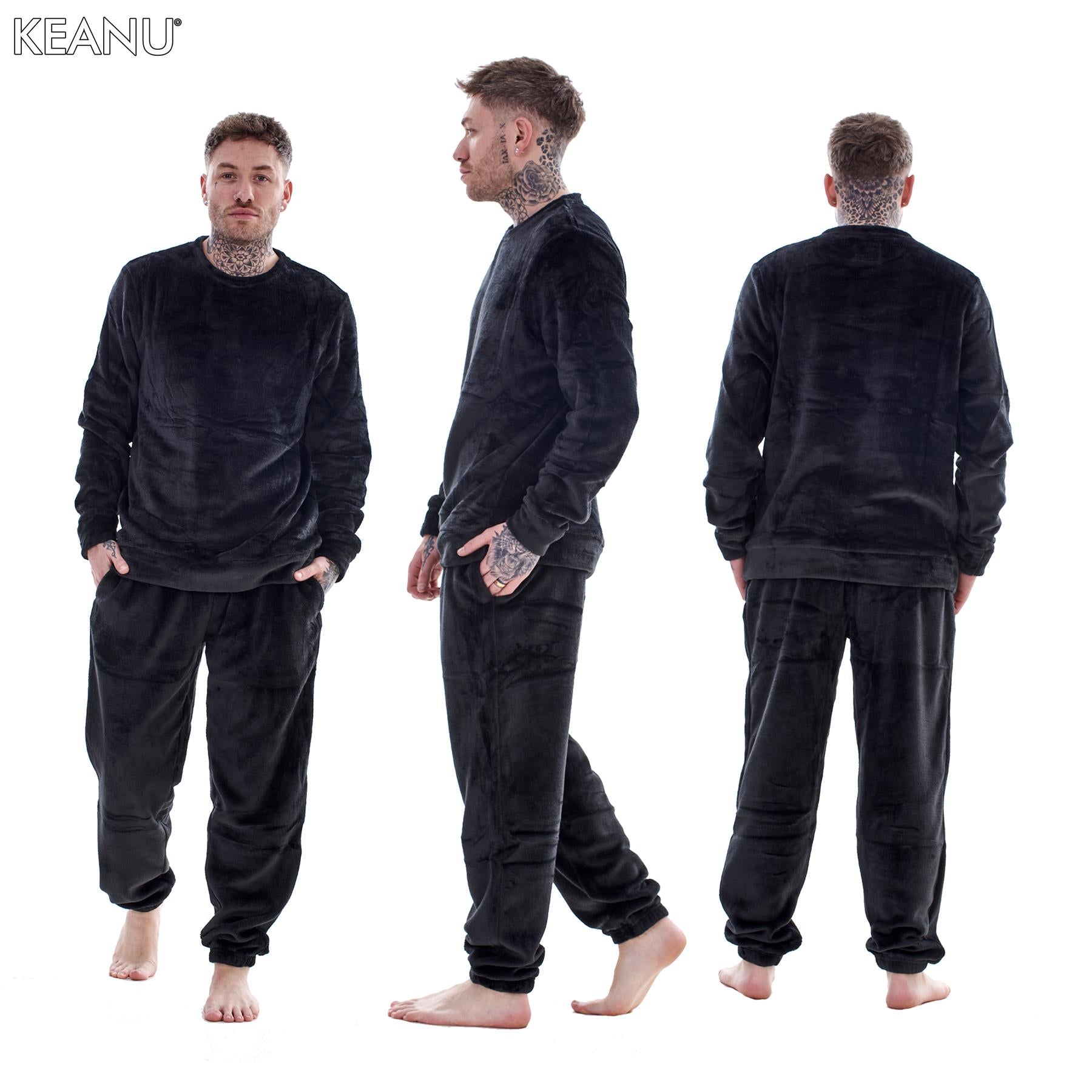 Mens Luxury Flannel Fleece Crew Neck Twosies Pyjamas Lounge Set Soft Warm Gift