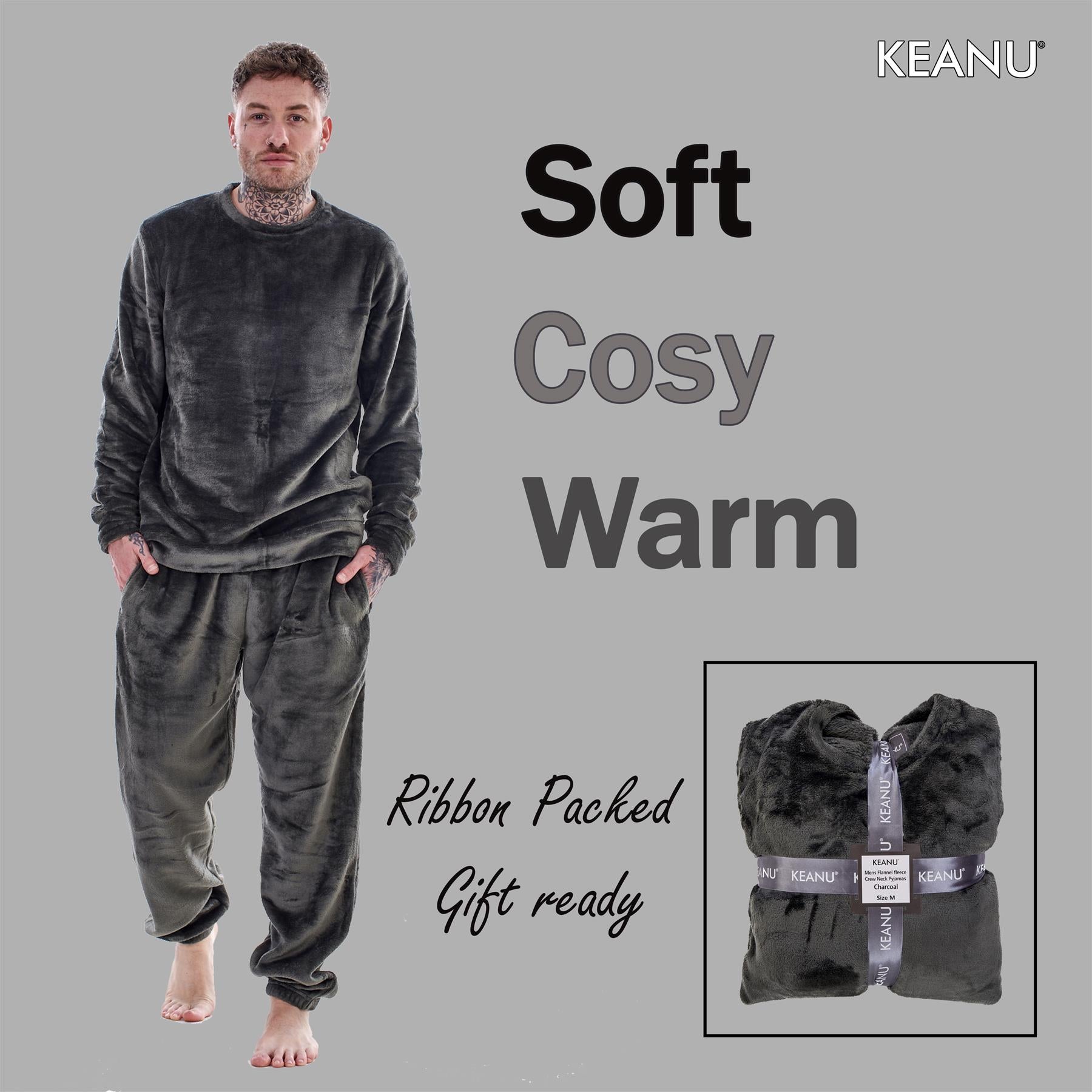 Mens Luxury Flannel Fleece Crew Neck Twosies Pyjamas Lounge Set Soft Warm Gift