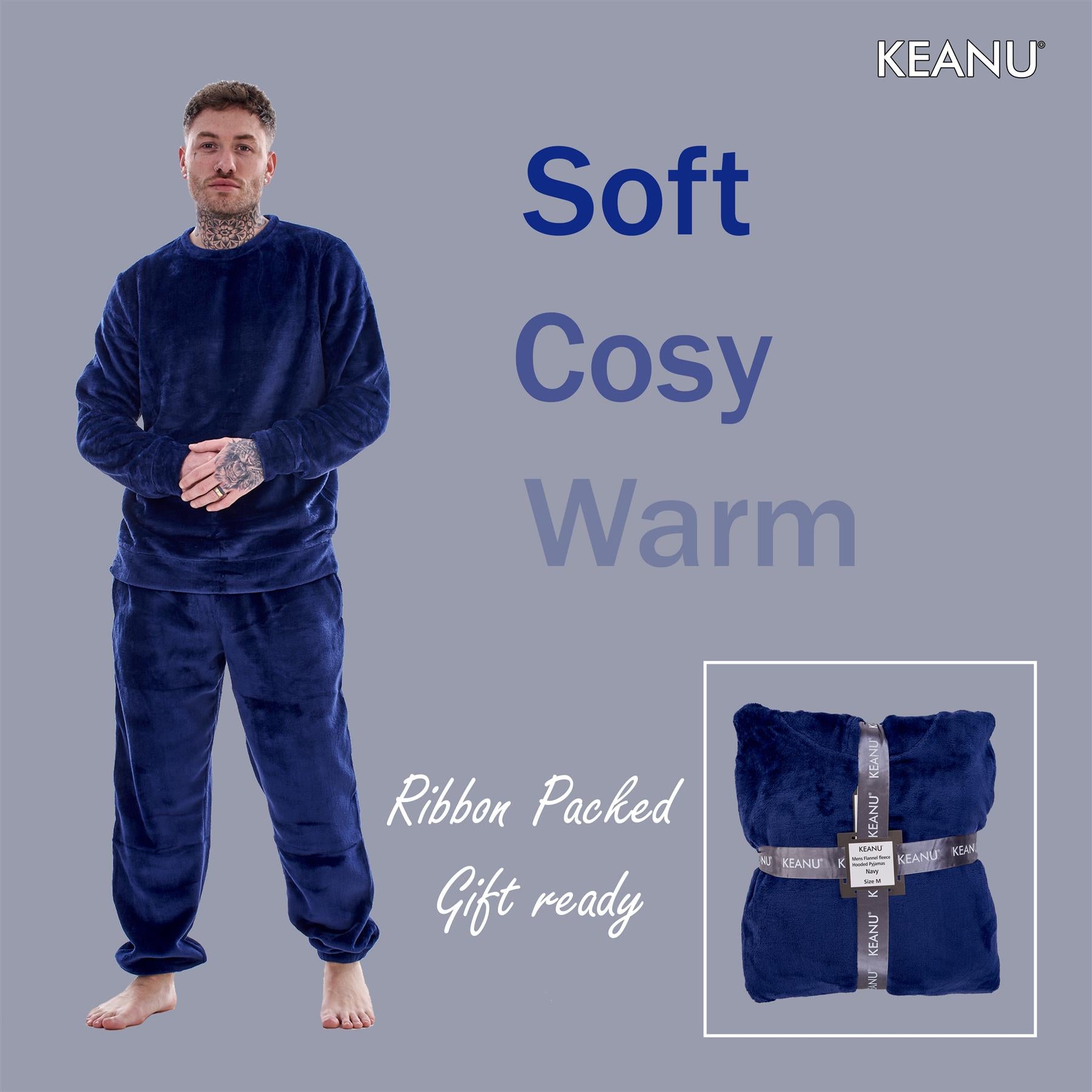 Mens Luxury Flannel Fleece Crew Neck Twosies Pyjamas Lounge Set Soft Warm Gift