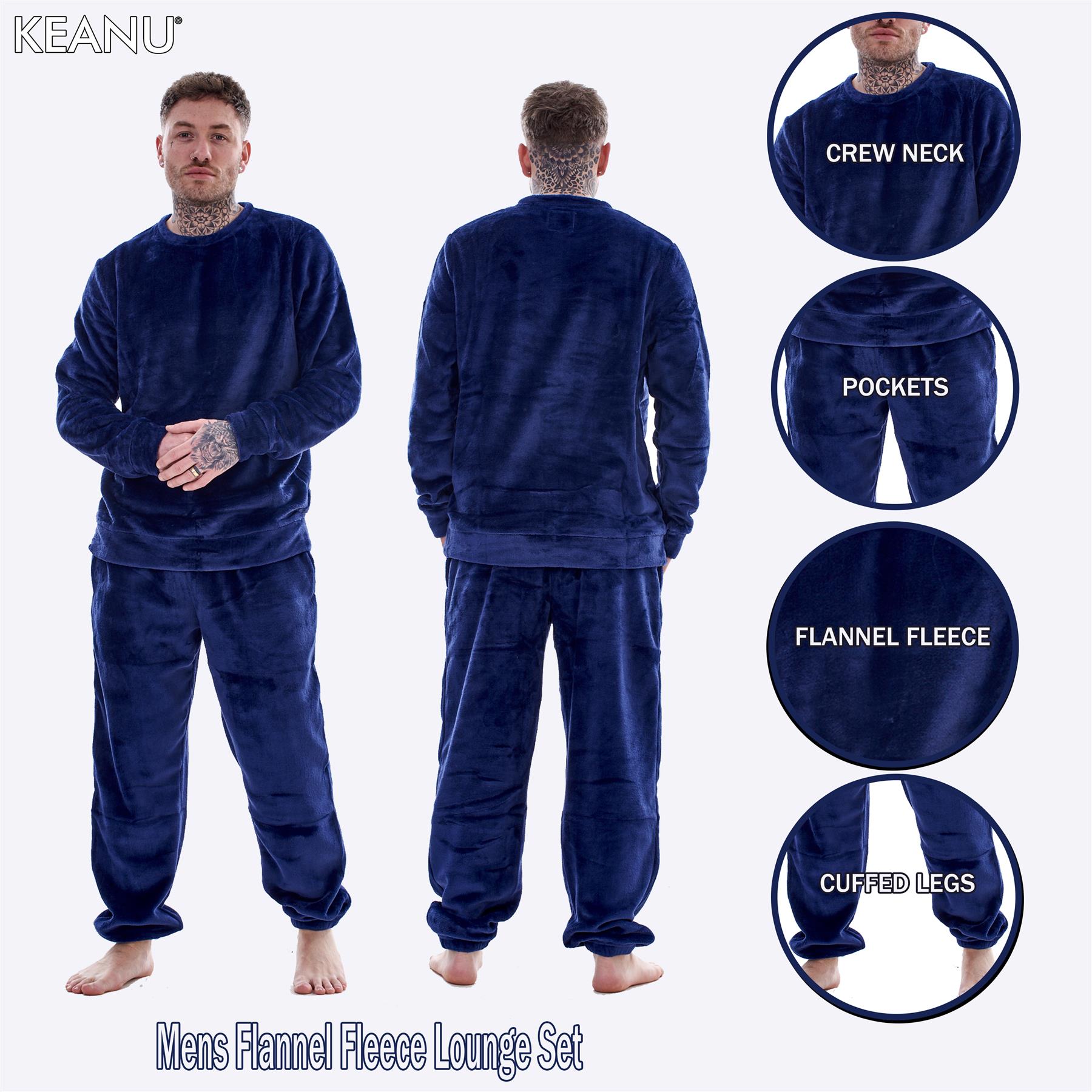 Mens Luxury Flannel Fleece Crew Neck Twosies Pyjamas Lounge Set Soft Warm Gift