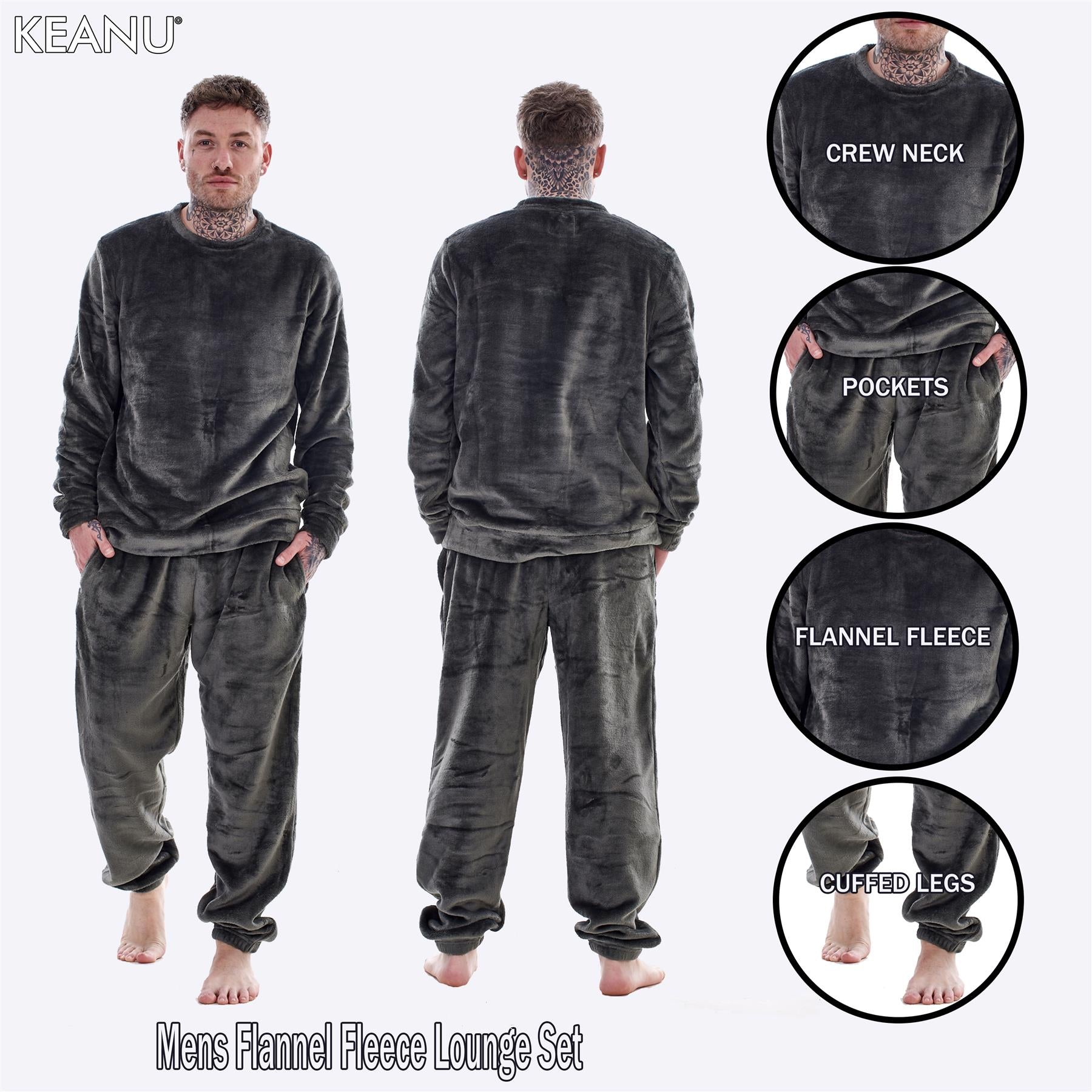 Mens Luxury Flannel Fleece Crew Neck Twosies Pyjamas Lounge Set Soft Warm Gift