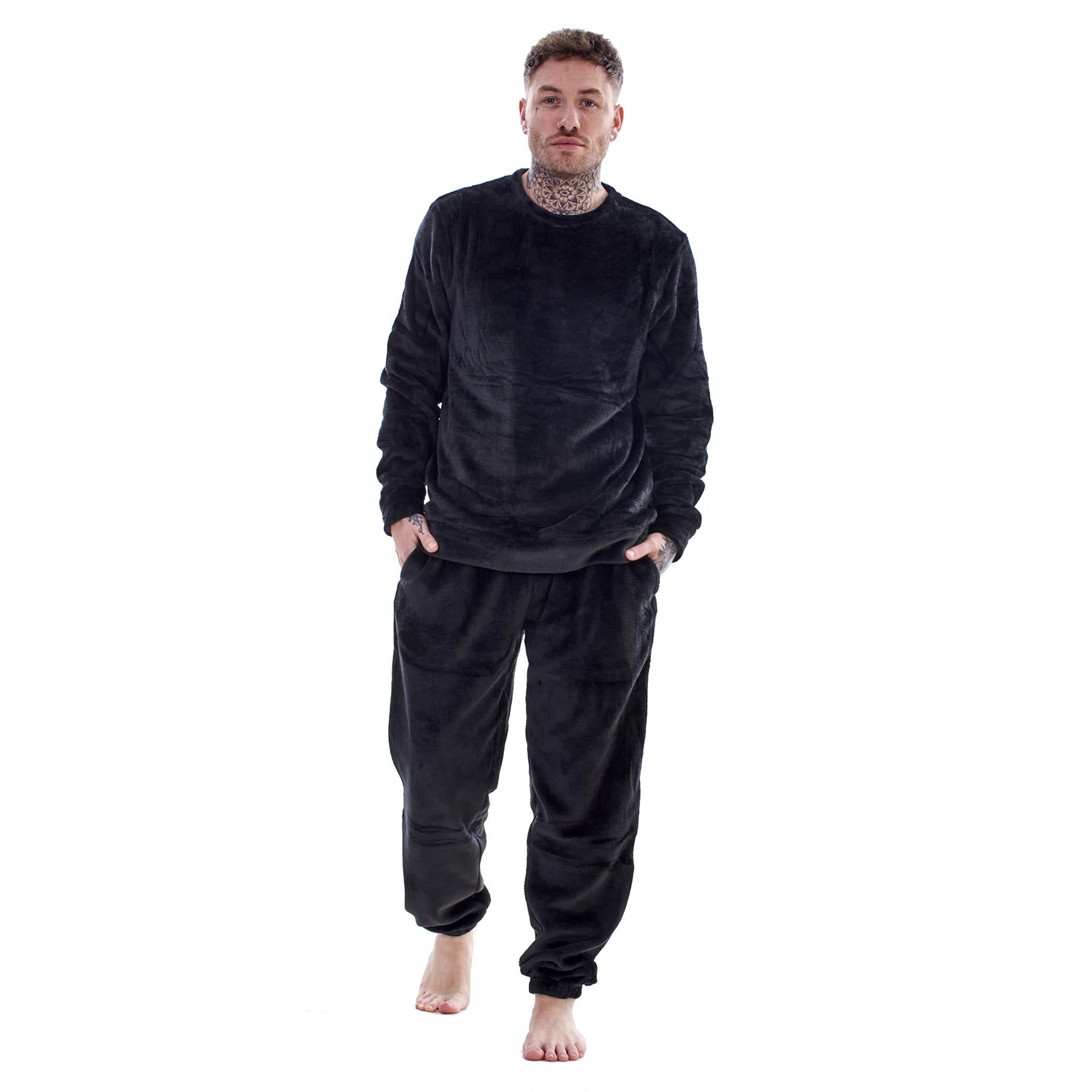 Mens Luxury Flannel Fleece Crew Neck Twosies Pyjamas Lounge Set Soft Warm Gift