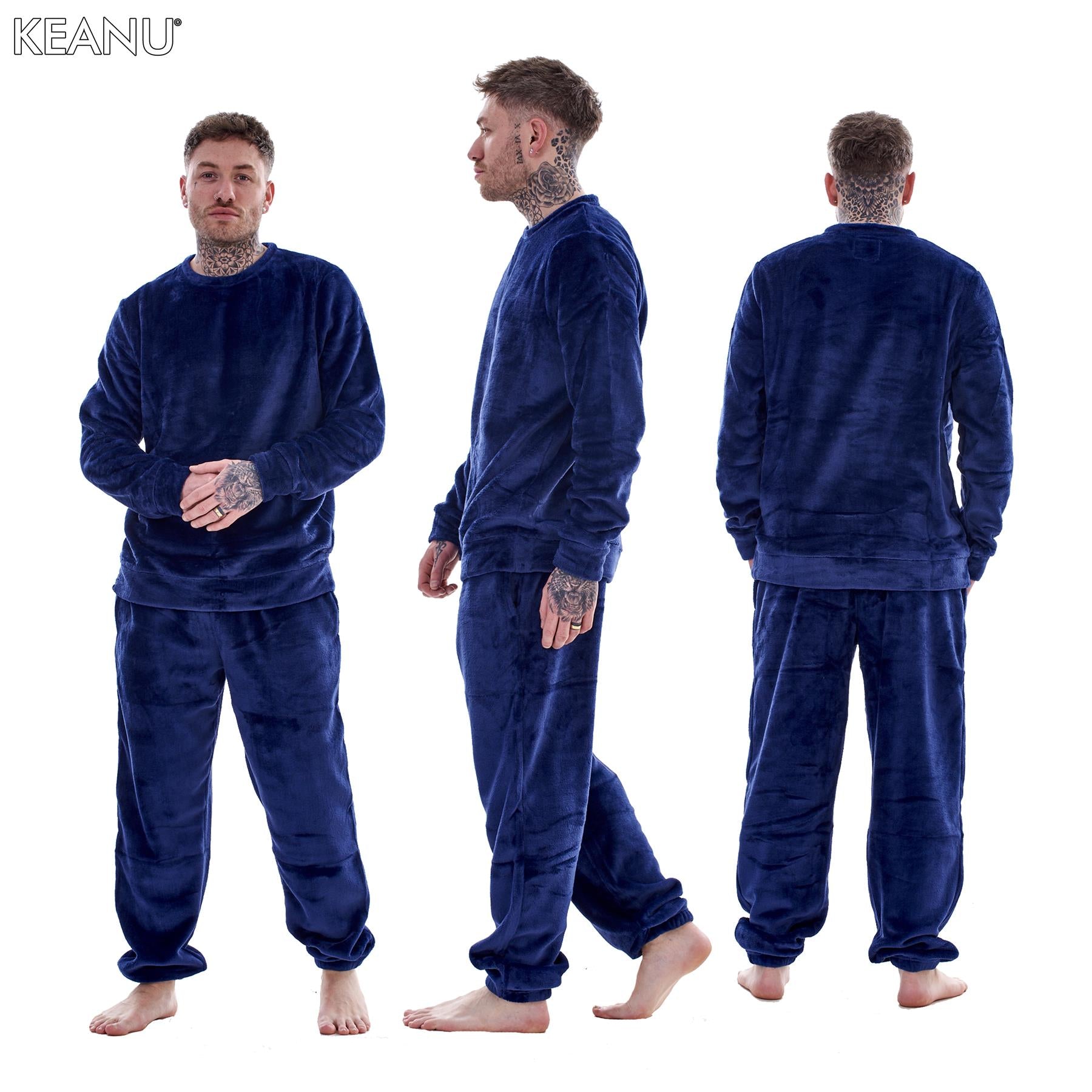 Mens Luxury Flannel Fleece Crew Neck Twosies Pyjamas Lounge Set Soft Warm Gift