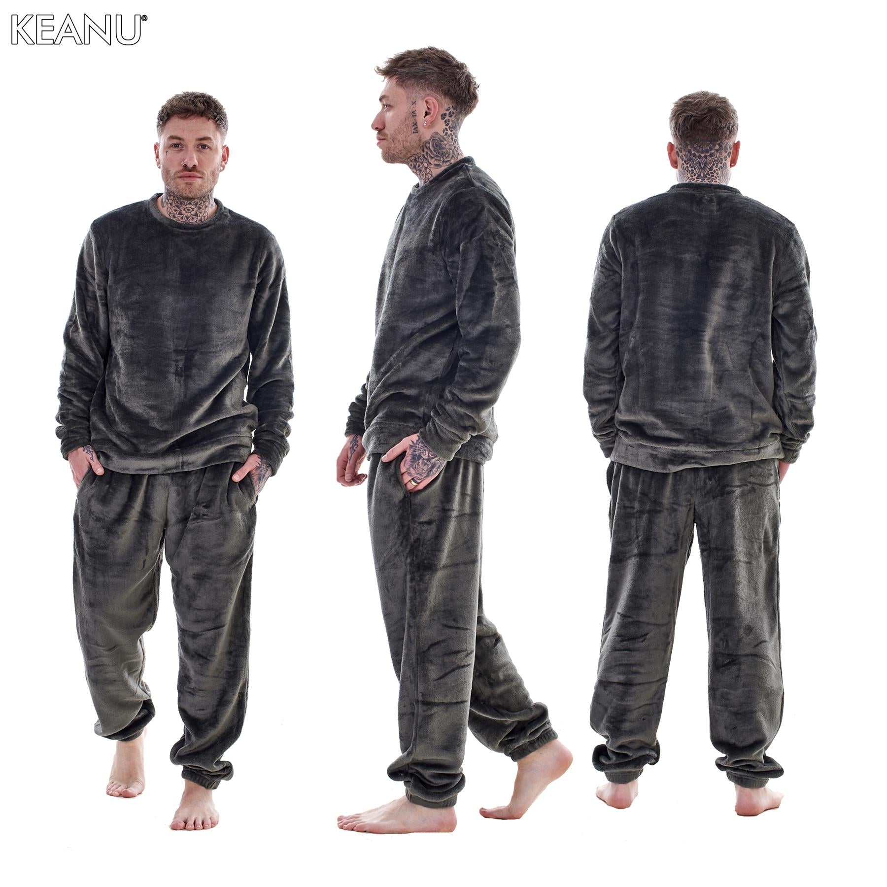 Mens Luxury Flannel Fleece Crew Neck Twosies Pyjamas Lounge Set Soft Warm Gift