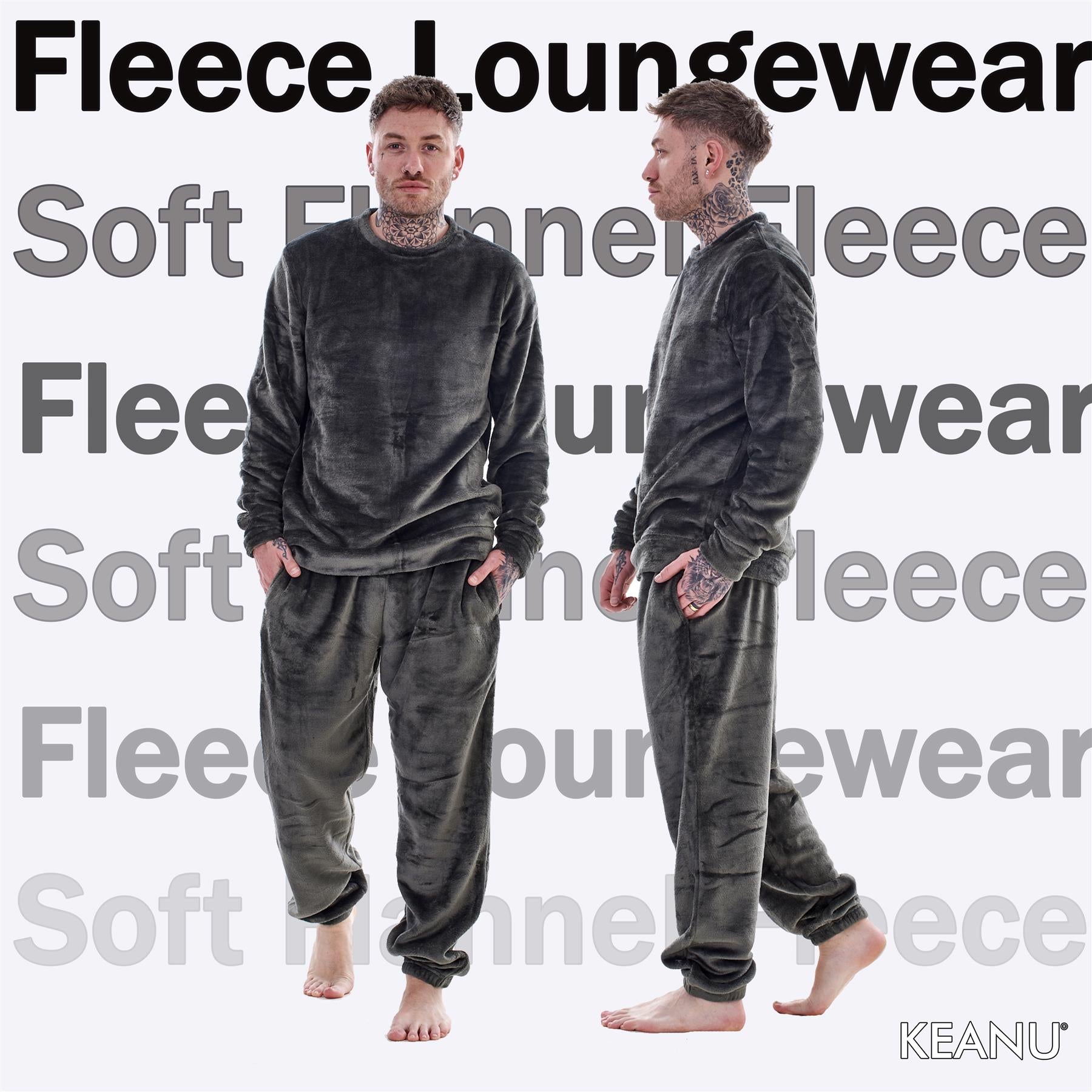 Mens Luxury Flannel Fleece Crew Neck Twosies Pyjamas Lounge Set Soft Warm Gift