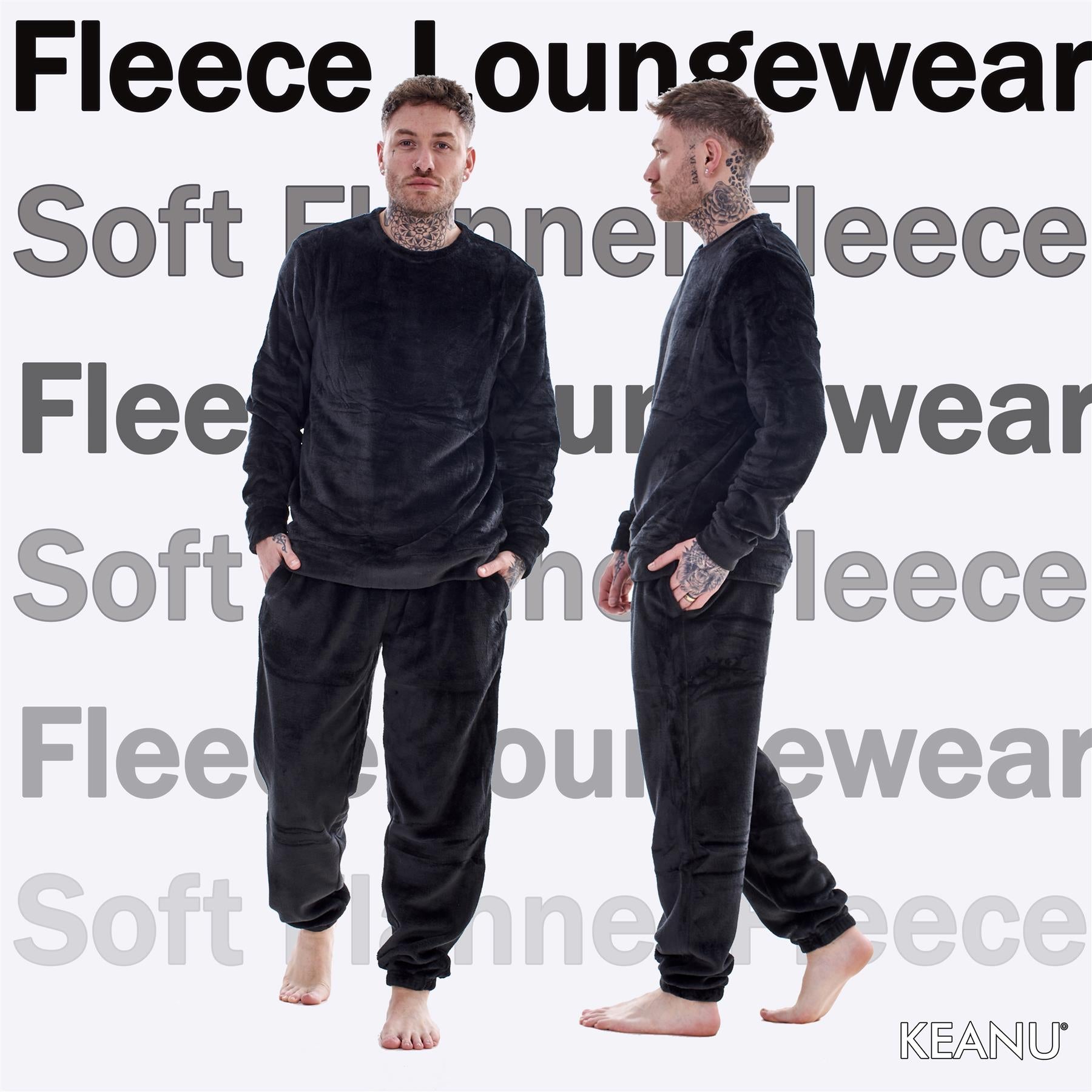 Mens Luxury Flannel Fleece Crew Neck Twosies Pyjamas Lounge Set Soft Warm Gift