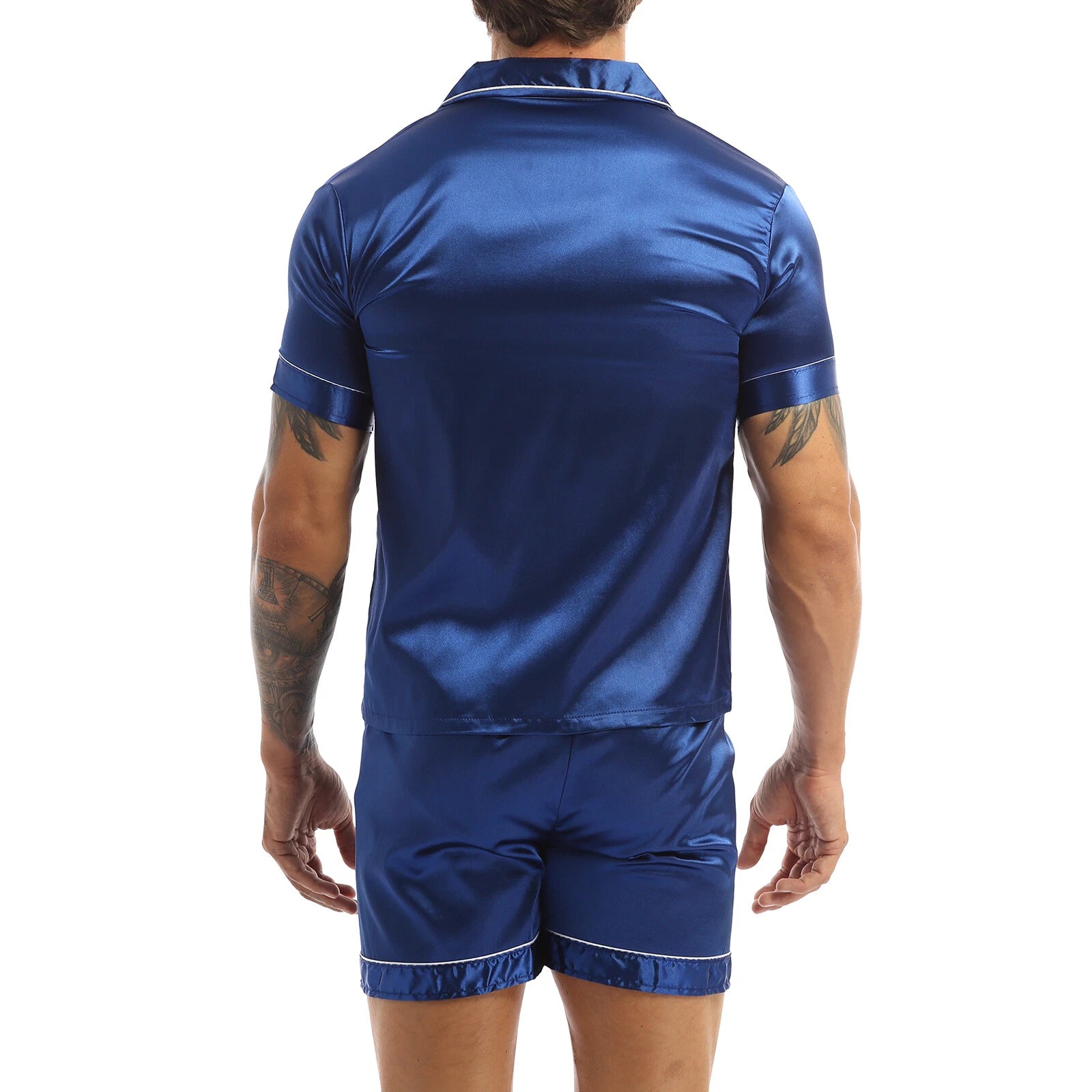 Mens Shiny Satin Pajamas Set Short Sleeves Button Down Shirt with Boxer Short