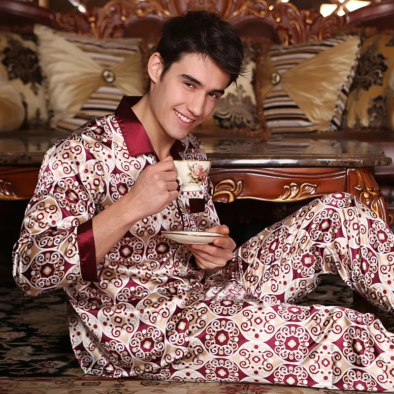 NWT 2PCS Mens Silk Satin Pajamas Sleepwear Pyjamas PJS Long Sleeve M029 M L