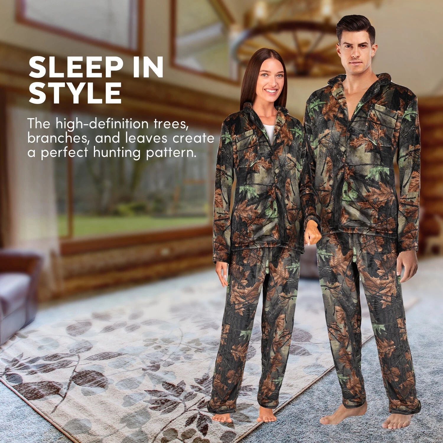 TrailCrest by Treel Camo Soft Plush Fleece Button L/S Shirt & Pants Pajama Set