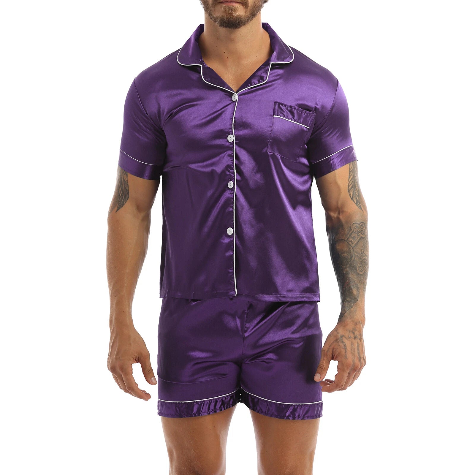 Mens Shiny Satin Pajamas Set Short Sleeves Button Down Shirt with Boxer Short