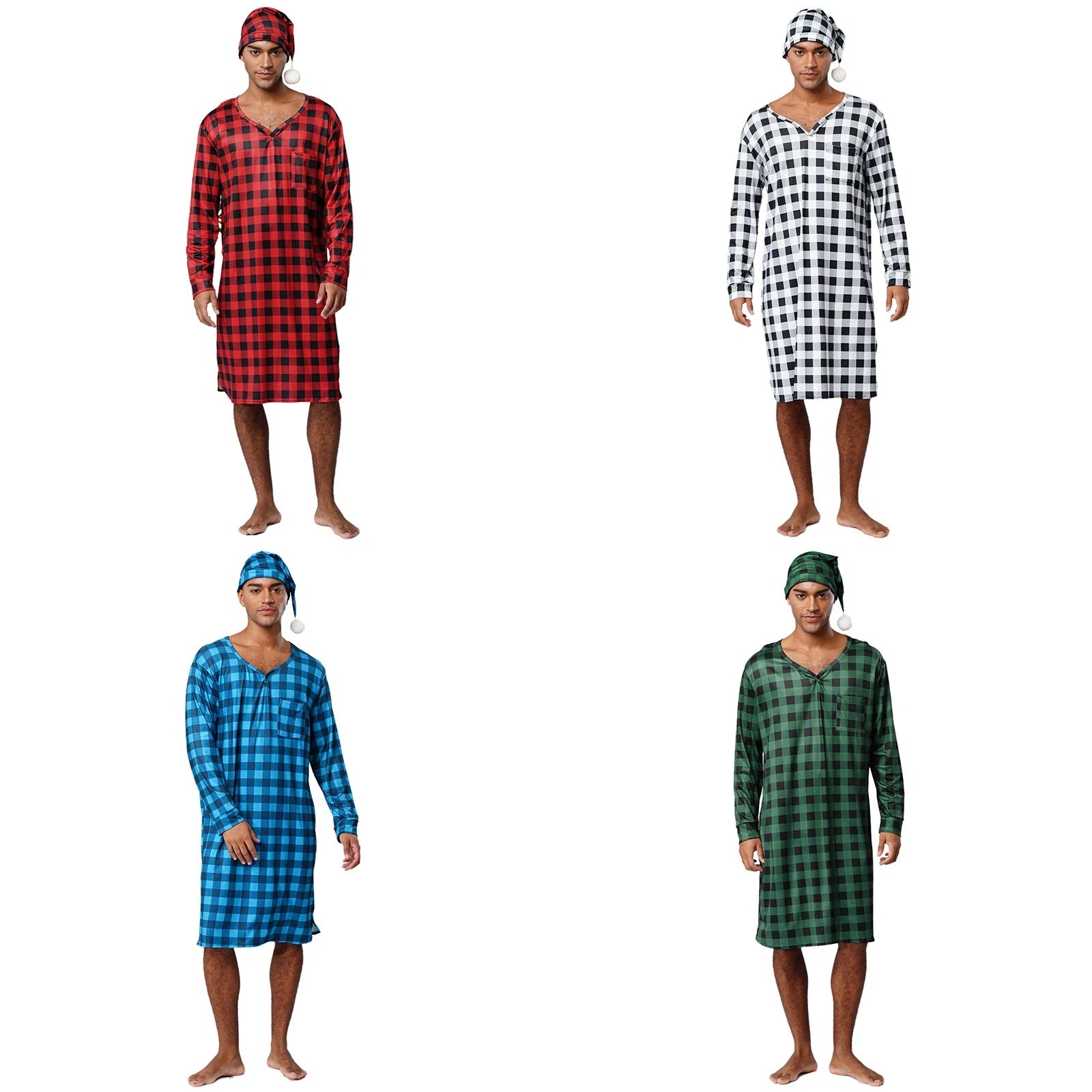 Mens Nightwear Satin Silk Pajama Set  long Sleeve and hat Sleepwear Nightgown