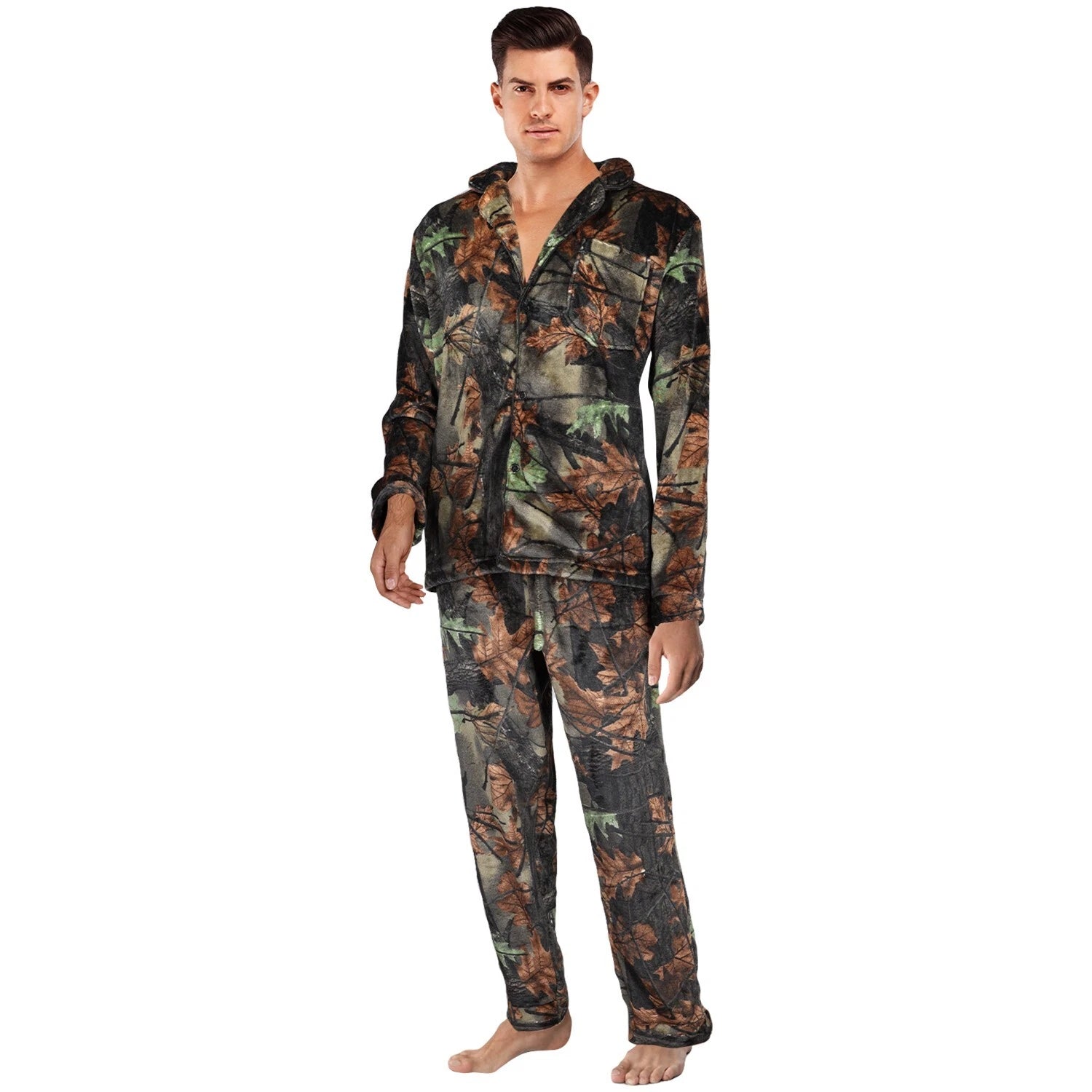 TrailCrest by Treel Camo Soft Plush Fleece Button L/S Shirt & Pants Pajama Set