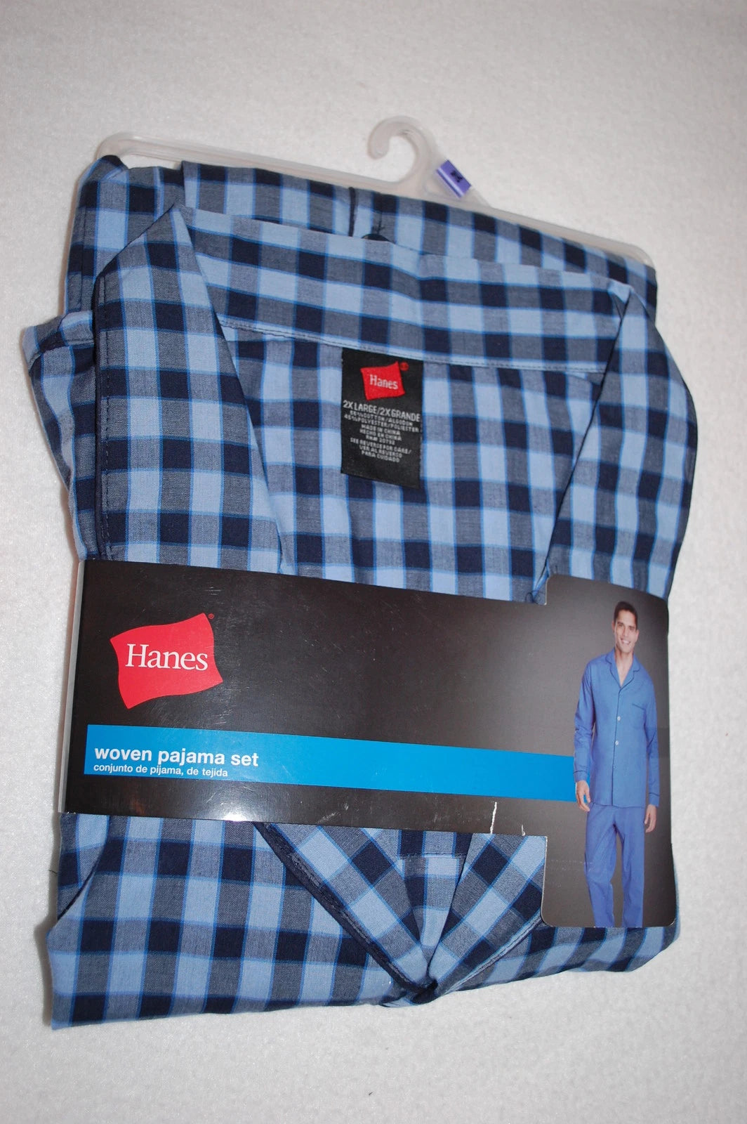 Mens PAJAMA SET Lt Weight Woven BLUE & NAVY CHECKER PLAID Pants & L/S Top SIZE S