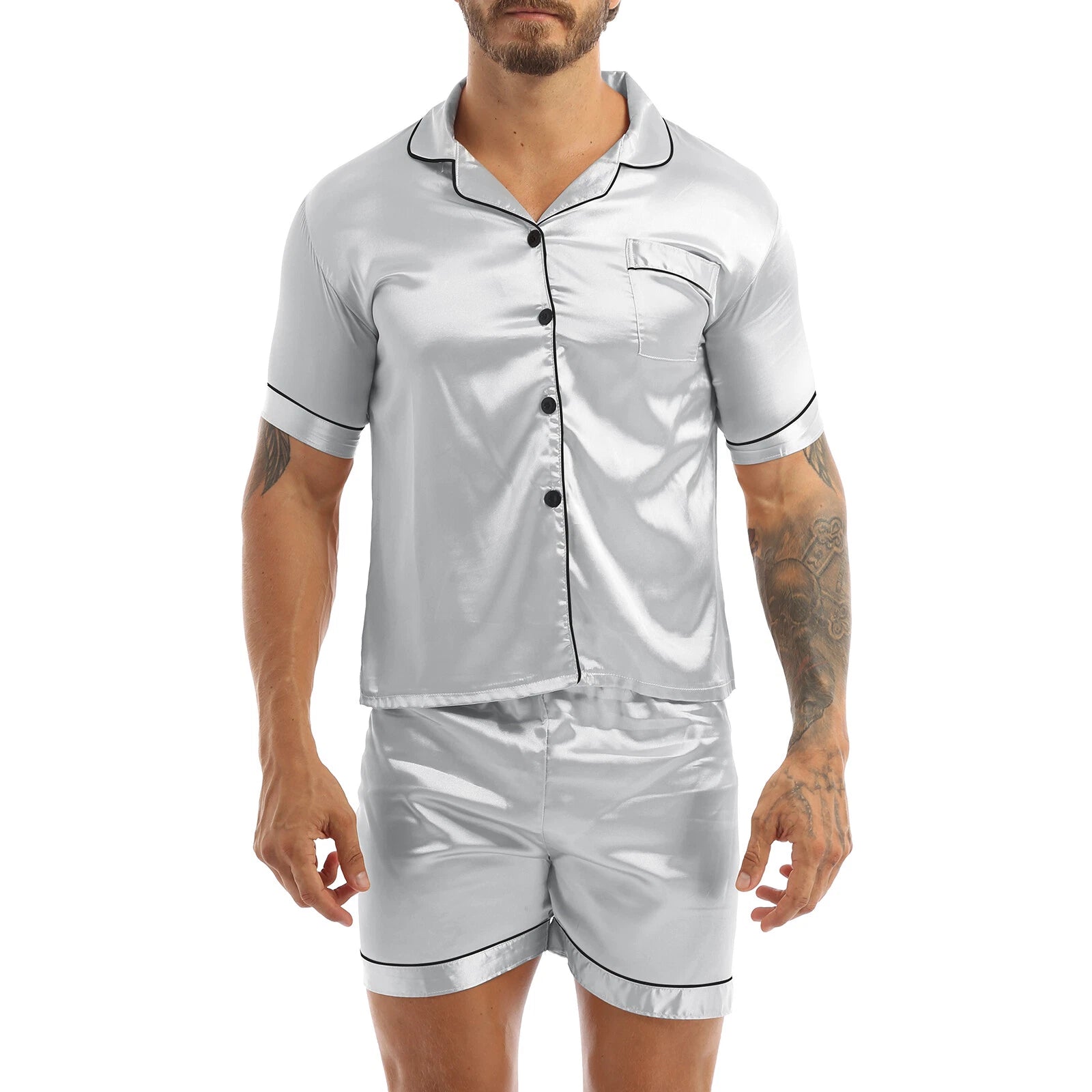 Mens Shiny Satin Pajamas Set Short Sleeves Button Down Shirt with Boxer Short