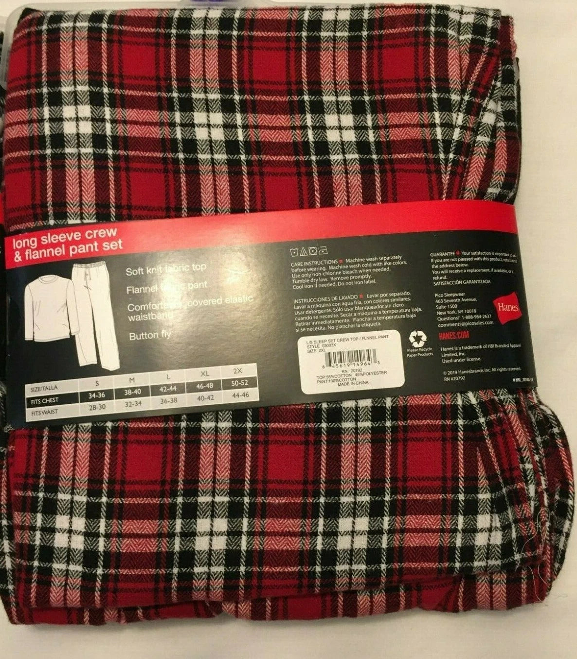 NWT Men's Hanes Long Sleeve Crew Top - Flannel Pant - Set Pajamas PJs Red / Gray