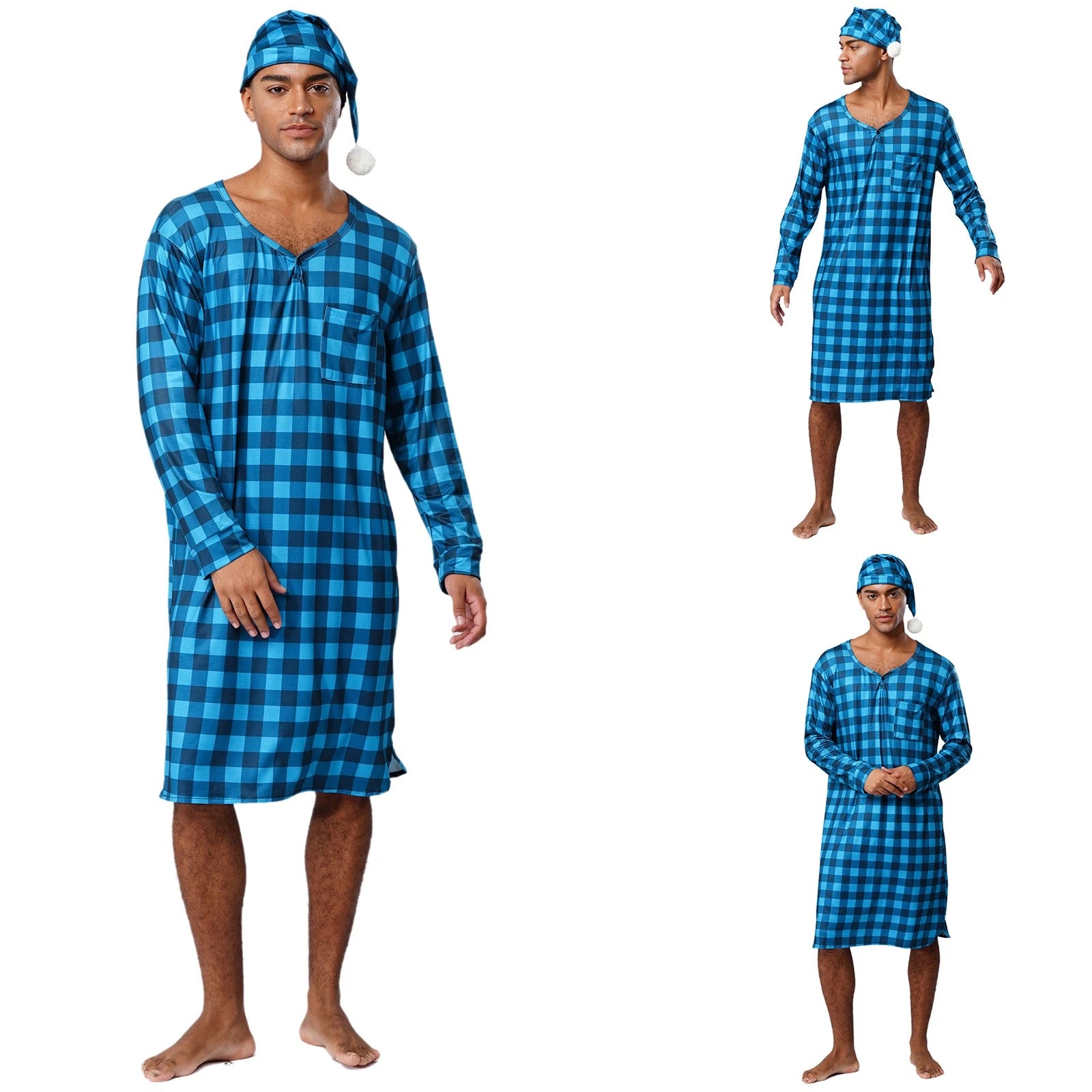 Mens Nightwear Satin Silk Pajama Set  long Sleeve and hat Sleepwear Nightgown