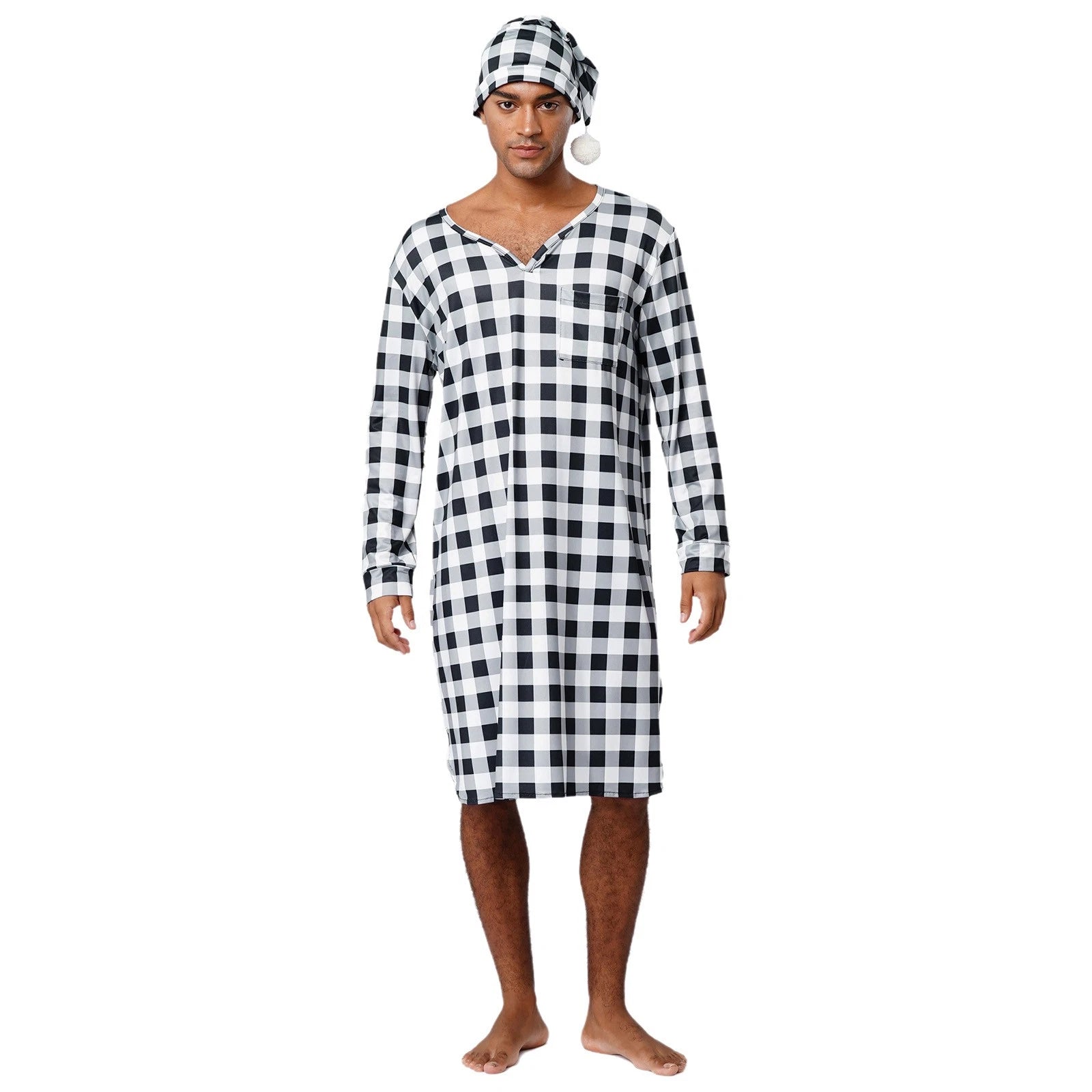 Mens Nightwear Satin Silk Pajama Set  long Sleeve and hat Sleepwear Nightgown
