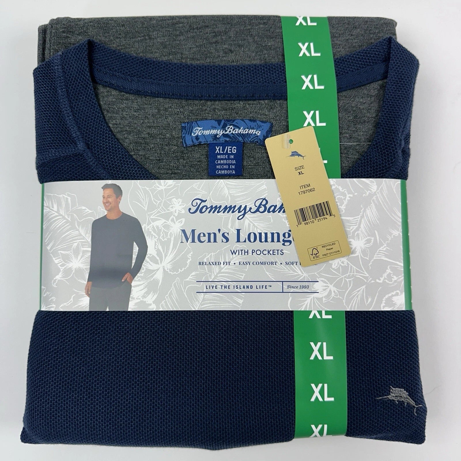 Tommy Bahama Pajamas Men's XL Blue Grey Waffle Lounge Set Pants Shirt Thermal