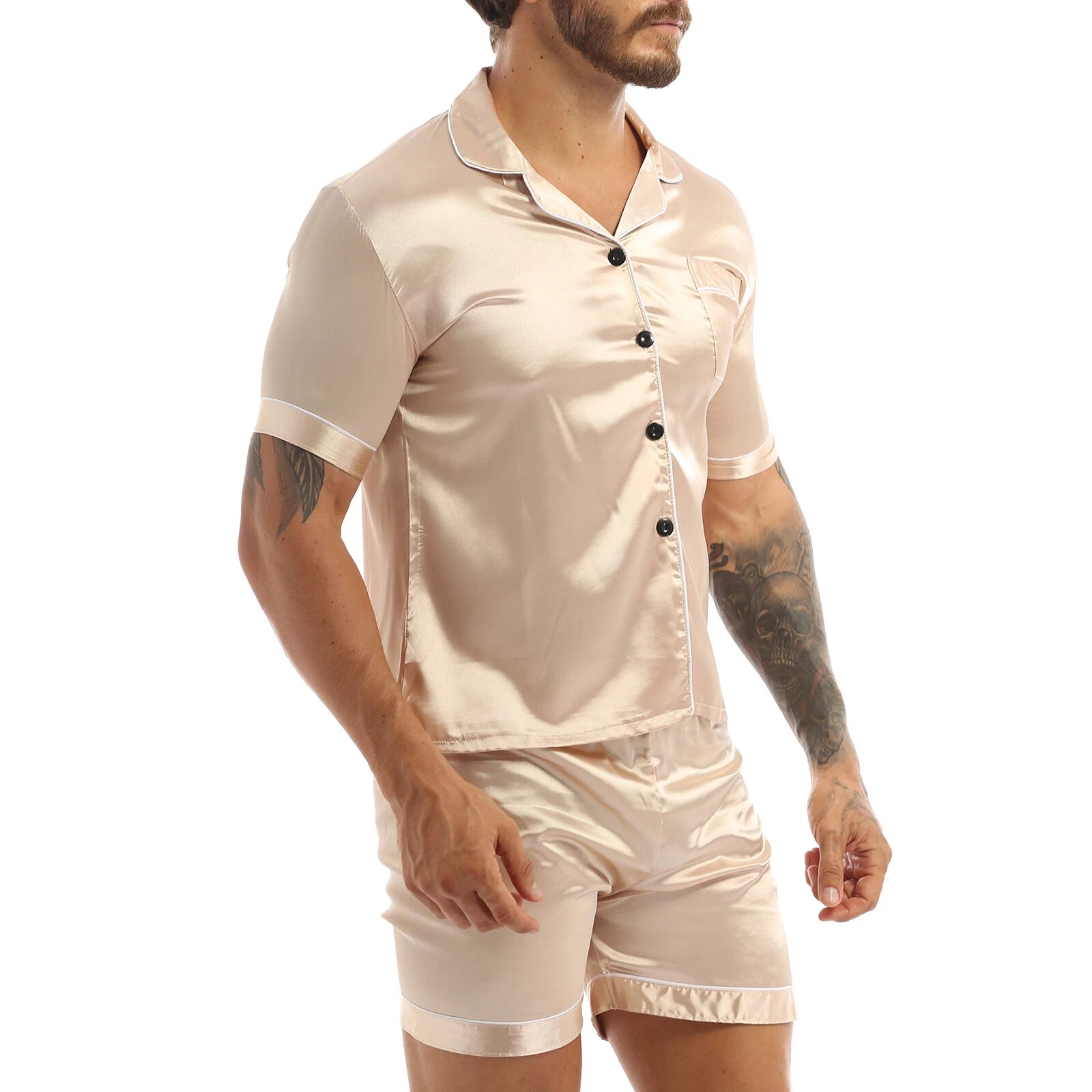 Mens Shiny Satin Pajamas Set Short Sleeves Button Down Shirt with Boxer Short