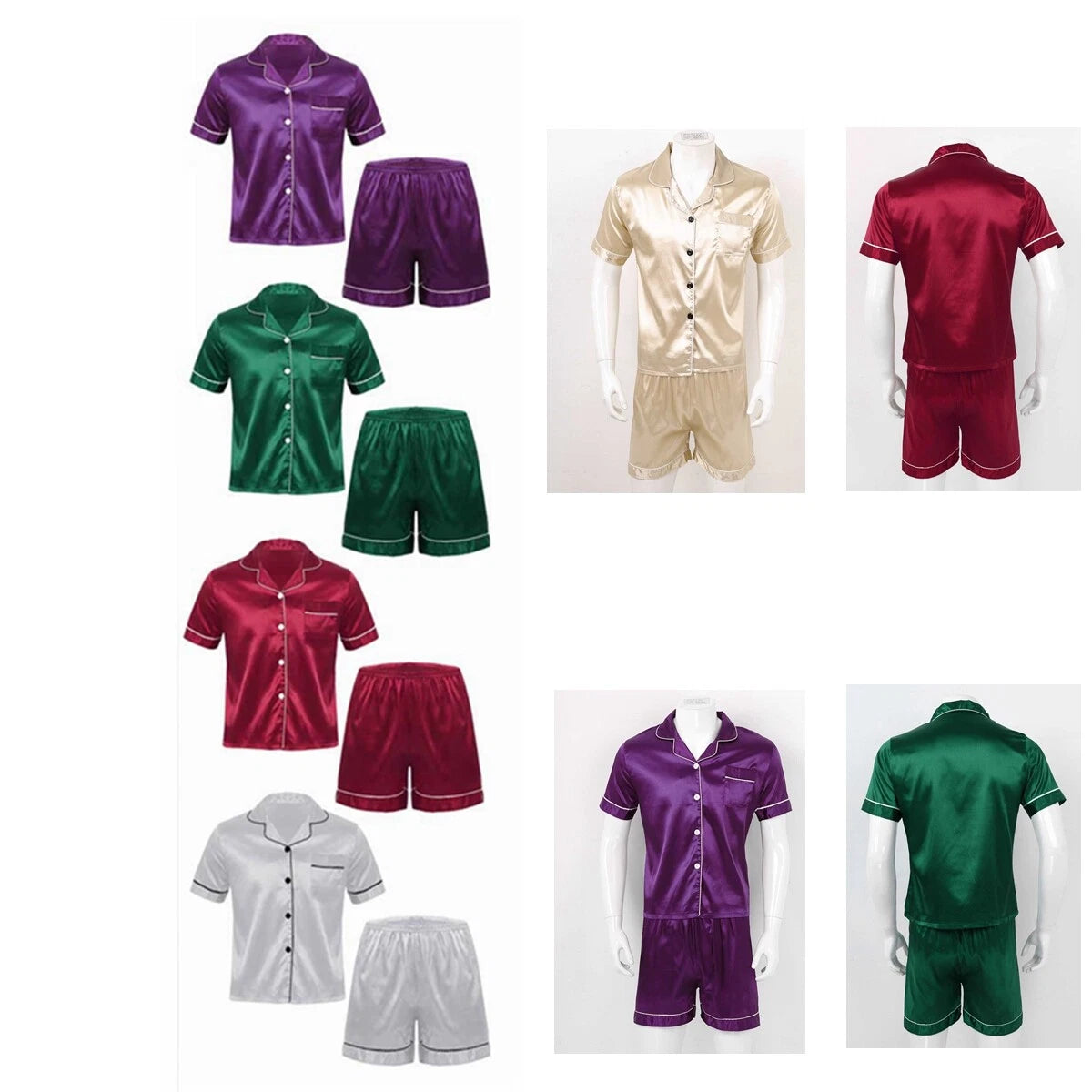 Mens Shiny Satin Pajamas Set Short Sleeves Button Down Shirt with Boxer Short