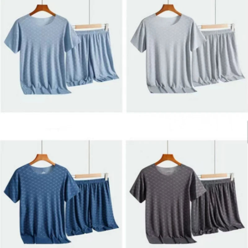 Summer Men's Home Wear Short Sleeve Modal Printing Pajama Pants Suit Cool Touch