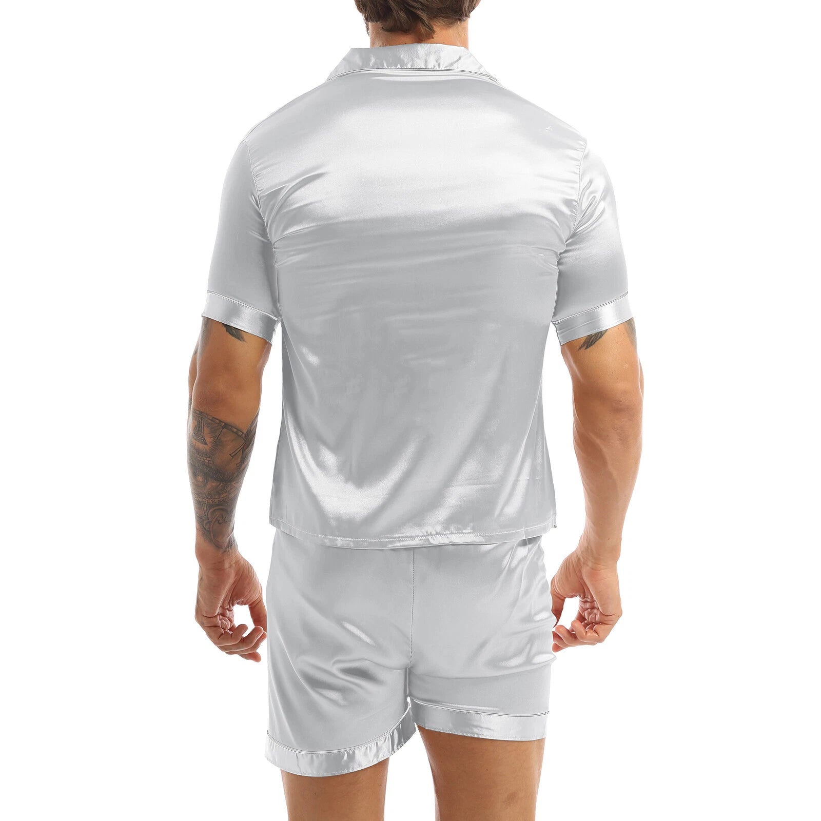 Mens Shiny Satin Pajamas Set Short Sleeves Button Down Shirt with Boxer Short