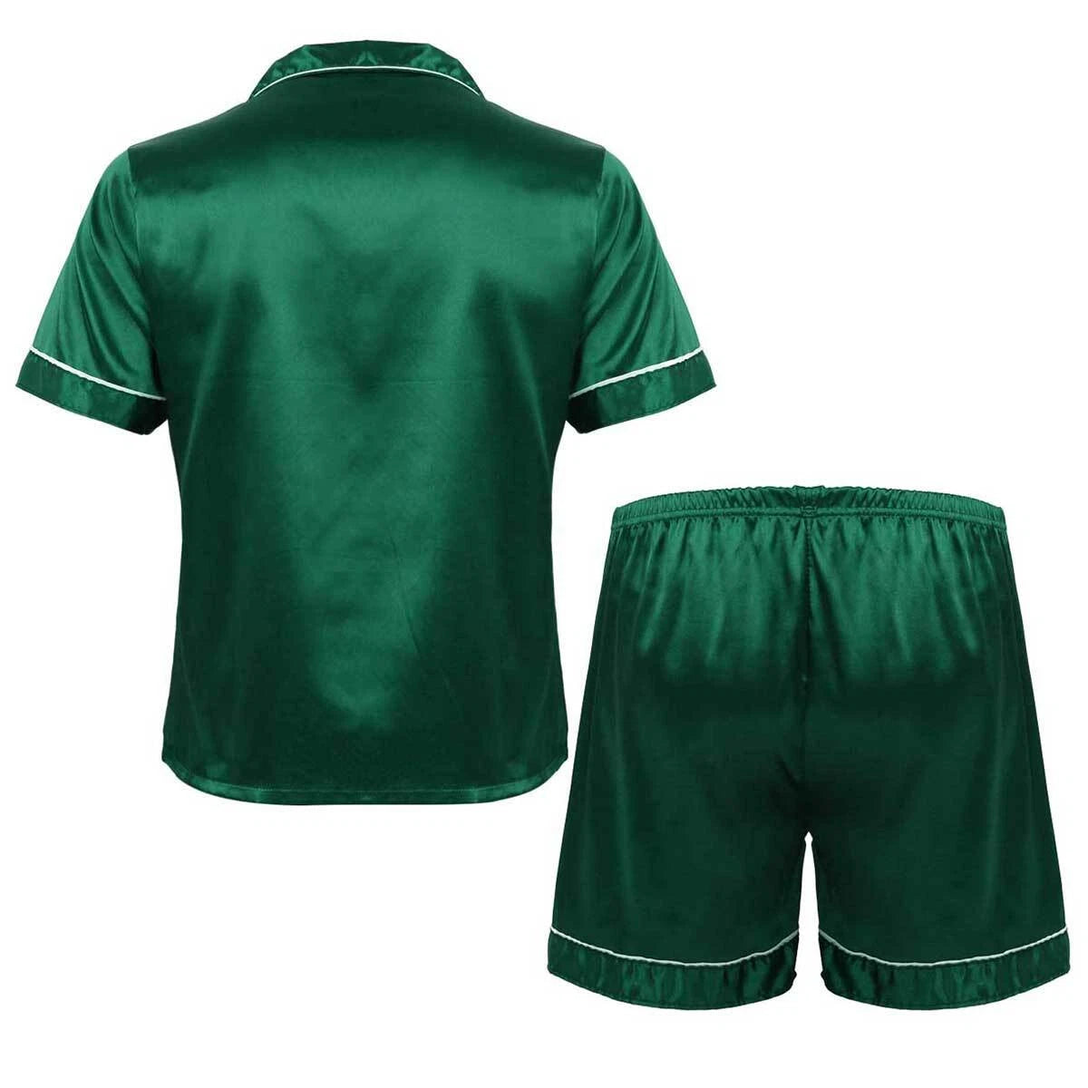 Mens Shiny Satin Pajamas Set Short Sleeves Button Down Shirt with Boxer Short