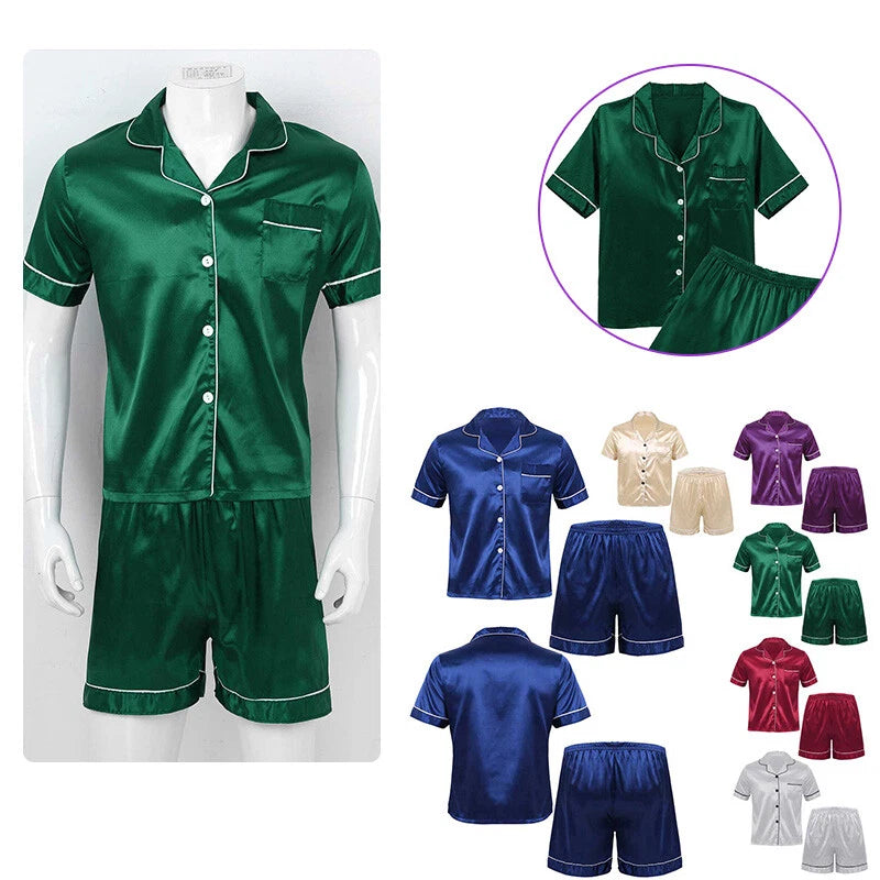 Mens Shiny Satin Pajamas Set Short Sleeves Button Down Shirt with Boxer Short