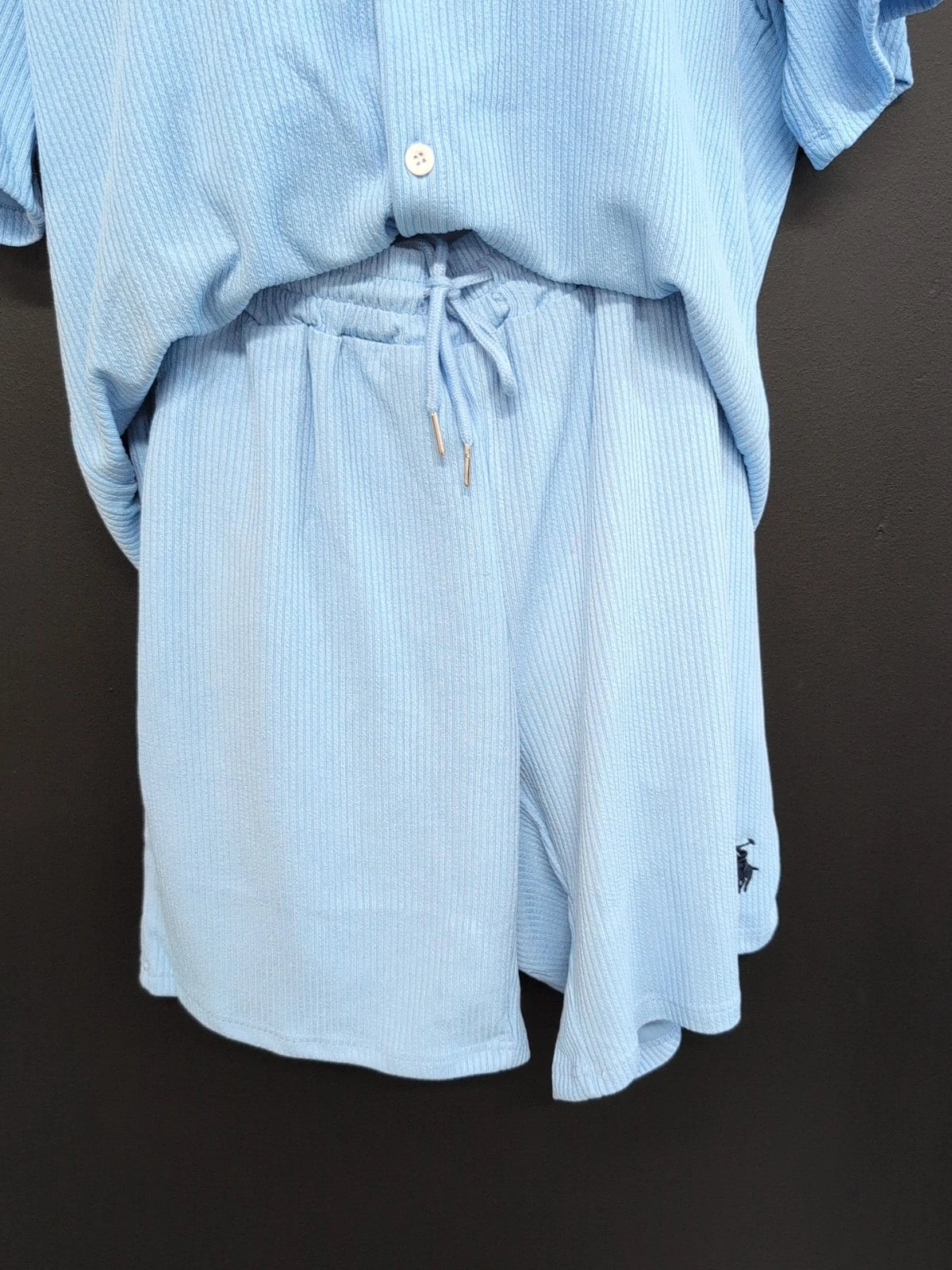 Mens Polo Short Sleeve Button Up Shirt and Shorts Pajama Set Size M Blue