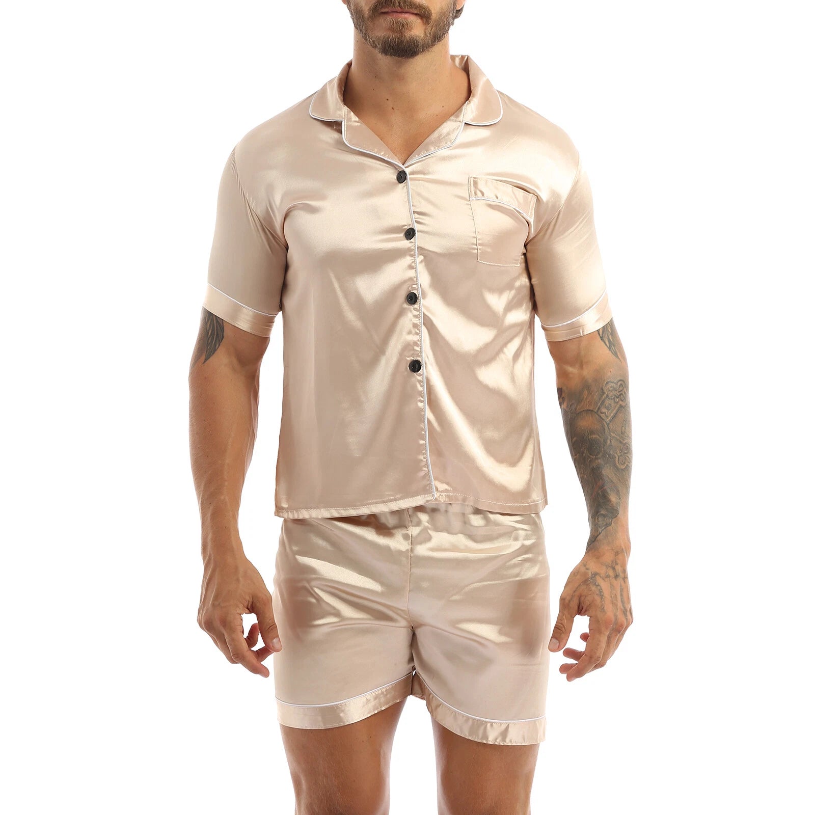 Men's Short Sleeve Satin Pajama Set with Shorts Classic Sleepwear Loungewear