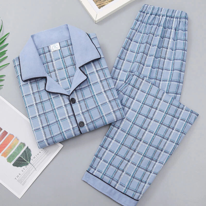 Men's Pajama Set, Long Sleeve Cotton Top + Pants Breathable Cozy Loungewear