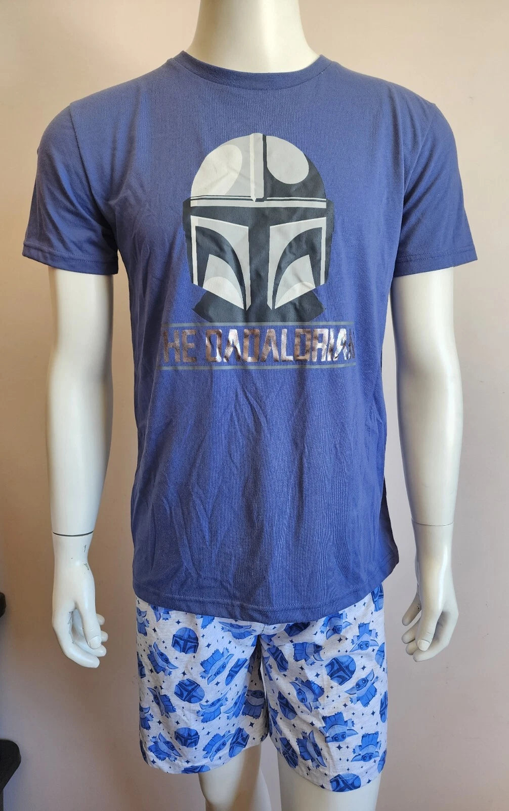 Star Wars Mens Mandalorian Blue Grey Printed 2 Piece Pyjama Set Size S New