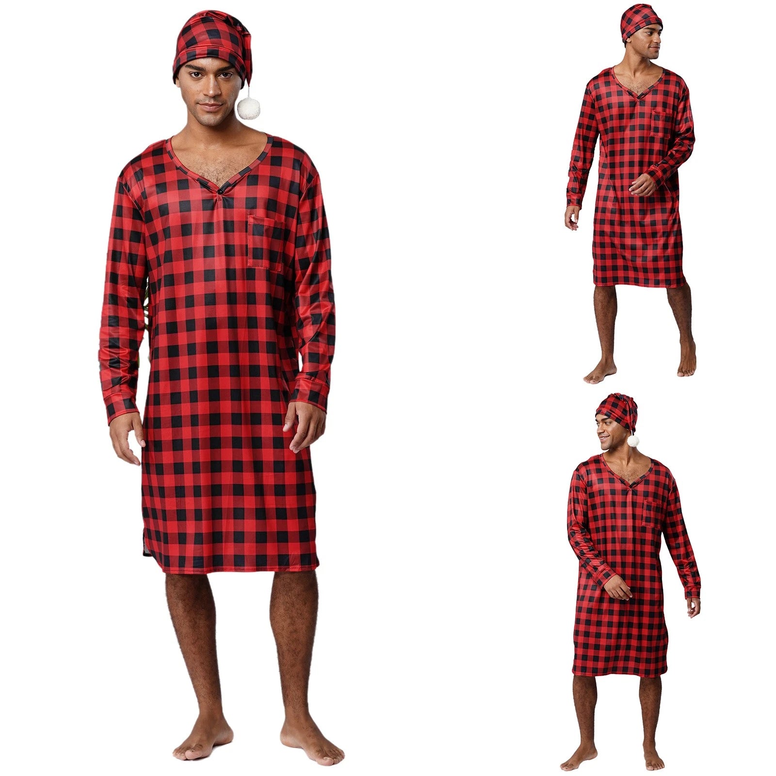 Mens Nightwear Satin Silk Pajama Set  long Sleeve and hat Sleepwear Nightgown