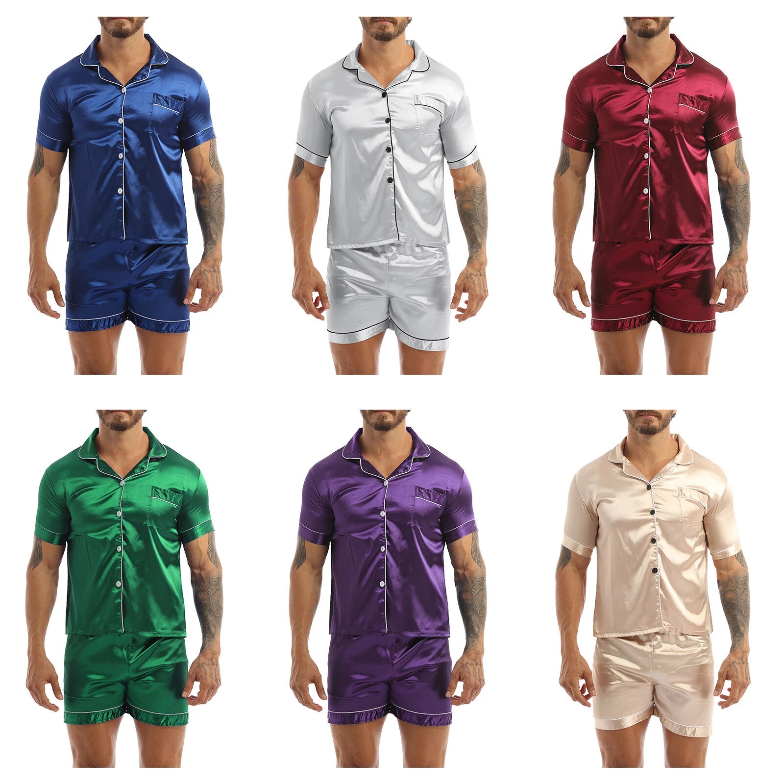 Men's Short Sleeve Satin Pajama Set with Shorts Classic Sleepwear Loungewear