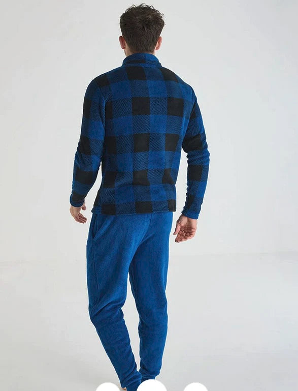 Mens High Street Checked Fleece Blue/Black Soft Warm Pyjamas Lounge Set