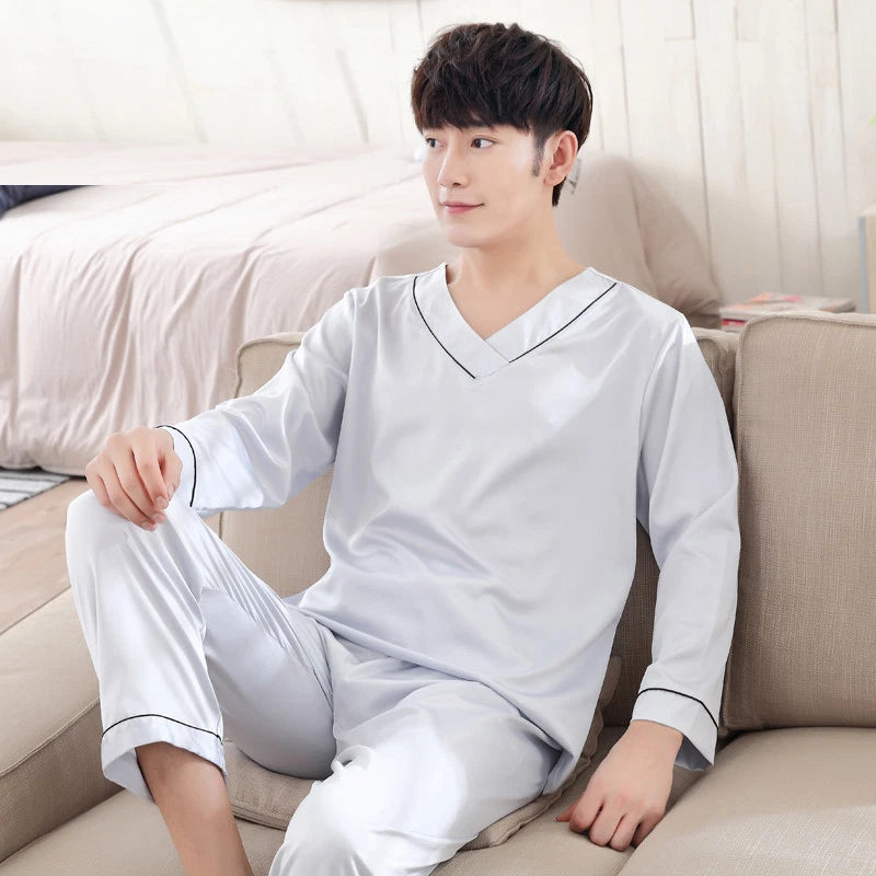 NWT 2PCS Mens Silk Satin Pajamas Sleepwear Pyjamas PJS Long Sleeve M031 M L XL