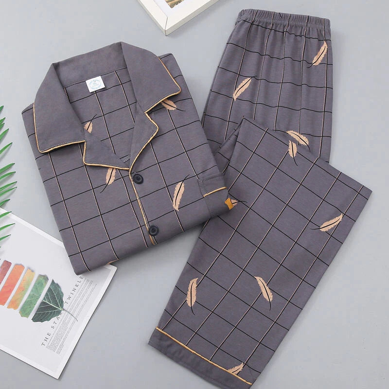 Men's Pajama Set, Long Sleeve Cotton Top + Pants Breathable Cozy Loungewear