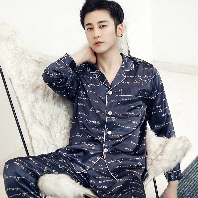 Mens Pajamas Nightwear Long Sleeve Sleep Tops Trousers Thin Ice Silk Pajamas Set