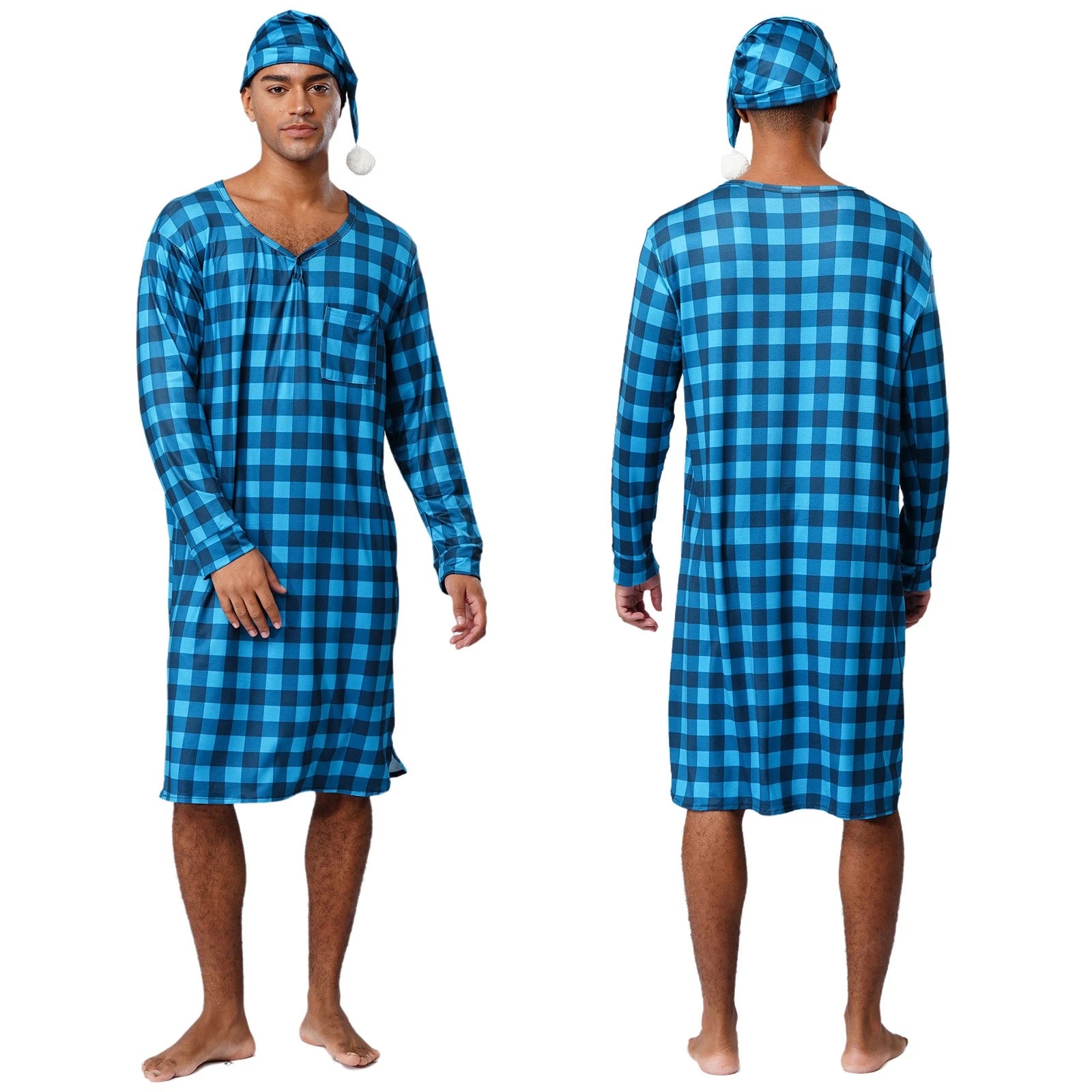 Mens Nightwear Satin Silk Pajama Set  long Sleeve and hat Sleepwear Nightgown