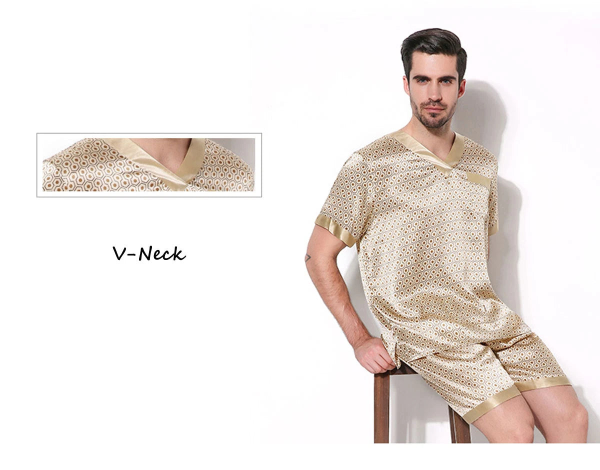 Mens 100% Silk Print Sleepwear T-shirt Top & Shorts Set Silk Pajamas Set S M L