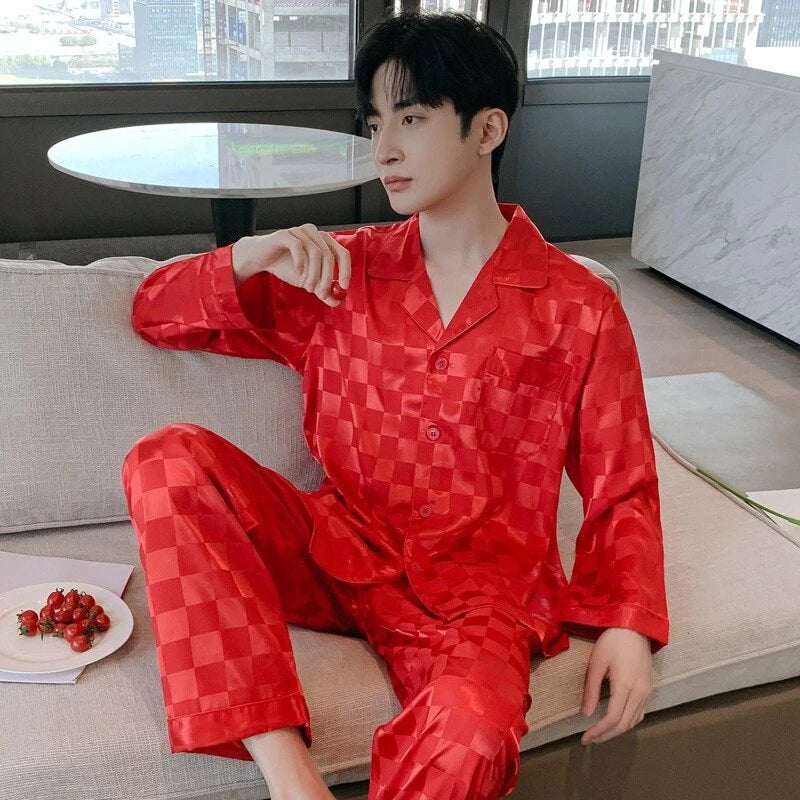 Mens Pajamas Nightwear Long Sleeve Sleep Tops Trousers Thin Ice Silk Pajamas Set