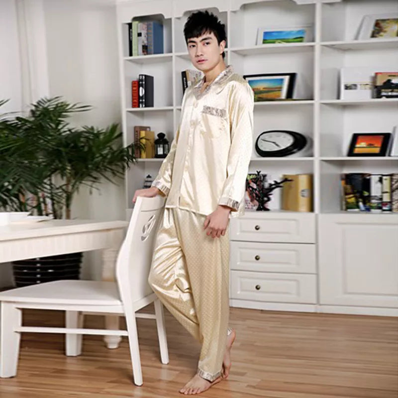 NWT 2PCS Mens Silk Satin Pajamas Sleepwear Pyjamas PJS Long Sleeve M024  M,L,XL