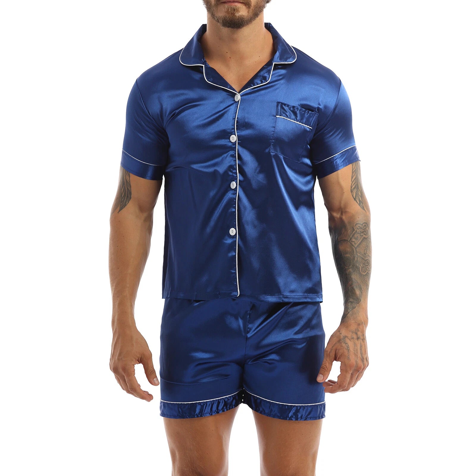 Men's Short Sleeve Satin Pajama Set with Shorts Classic Sleepwear Loungewear