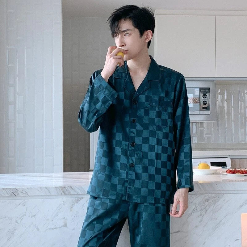 Mens Pajamas Nightwear Long Sleeve Sleep Tops Trousers Thin Ice Silk Pajamas Set