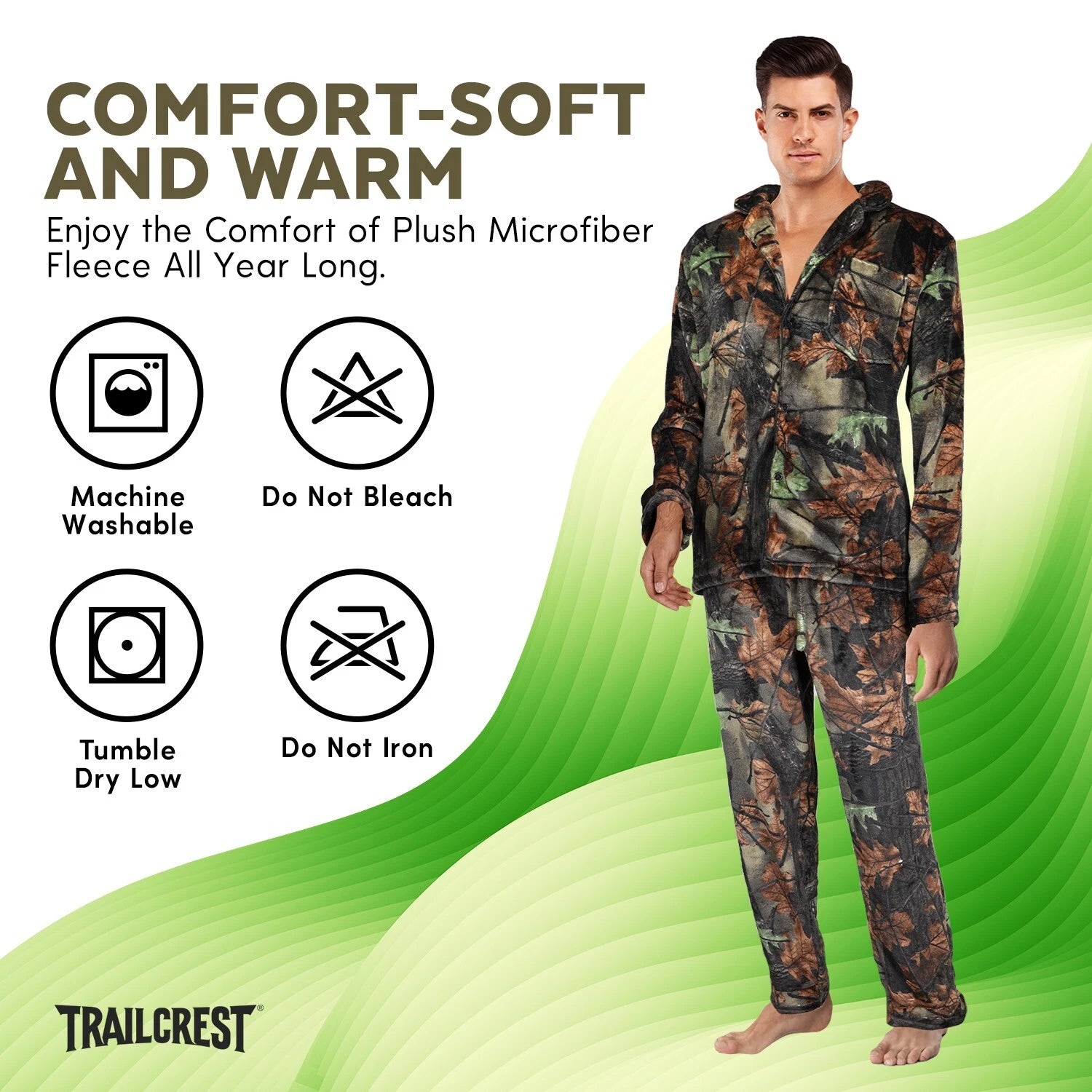 TrailCrest by Treel Camo Soft Plush Fleece Button L/S Shirt & Pants Pajama Set